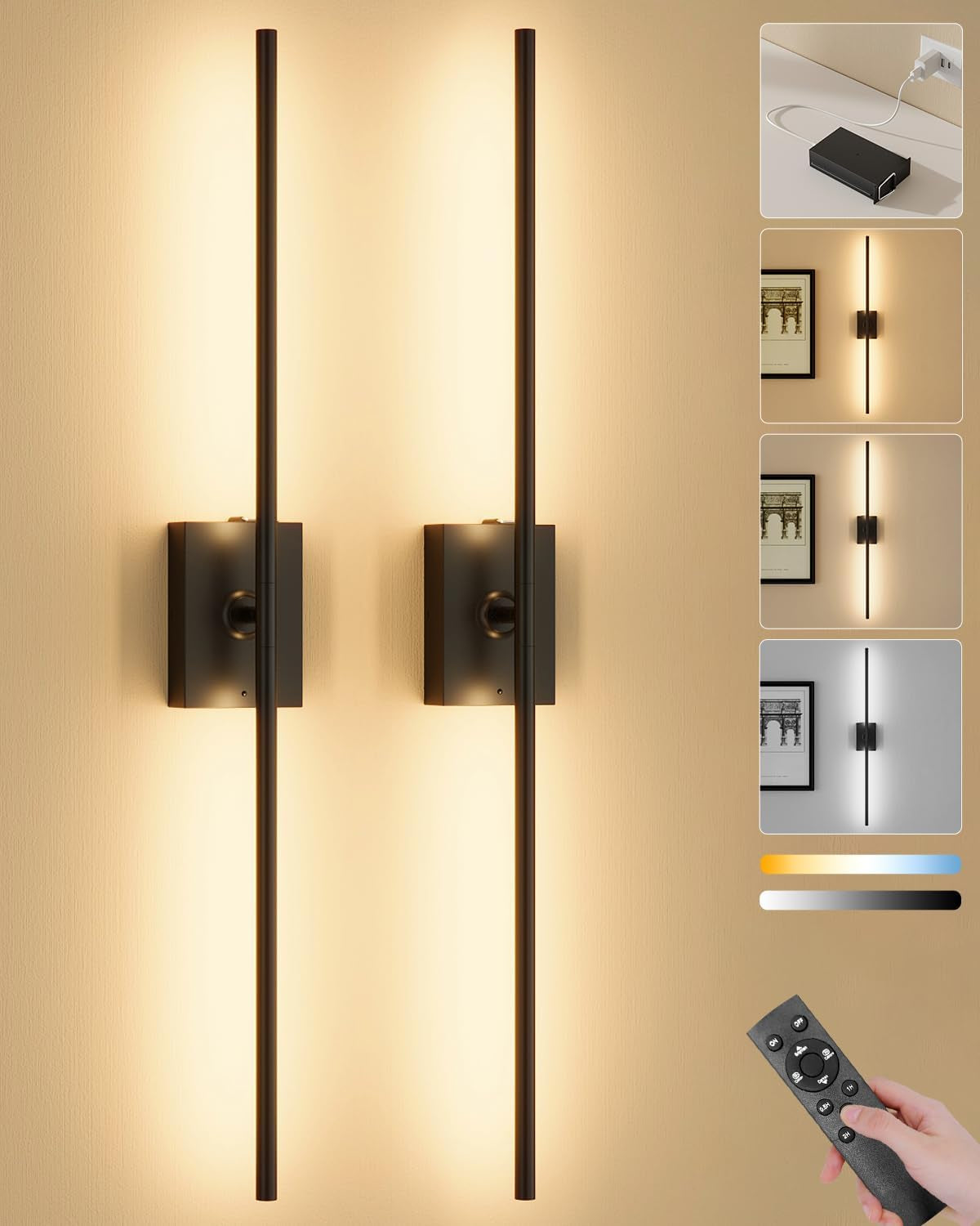 Battery Operated Wall Sconces Set of 2, Remote Control, 10000Mah, Black