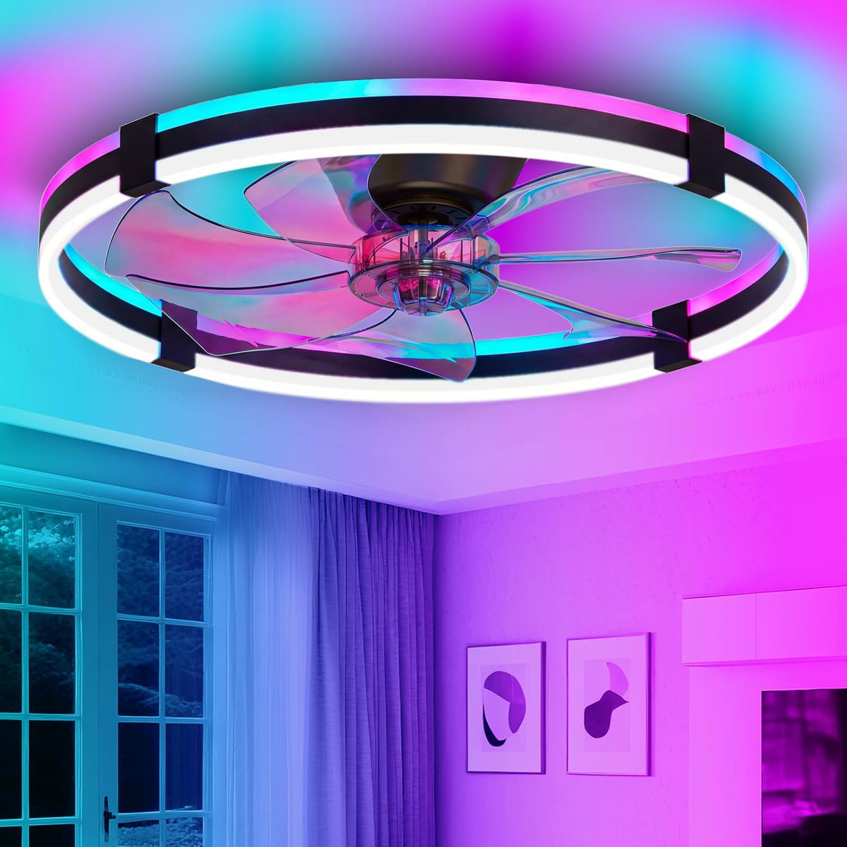 VOLISUN RGB Ceiling Fans with Lights and Remote, 24In Low Profile Ceiling Fans with Lights Flush Mount, 3000K-6500K Dimmable Bladeless LED Fan Light, Black Fandelier Ceiling Fans for Bedroom