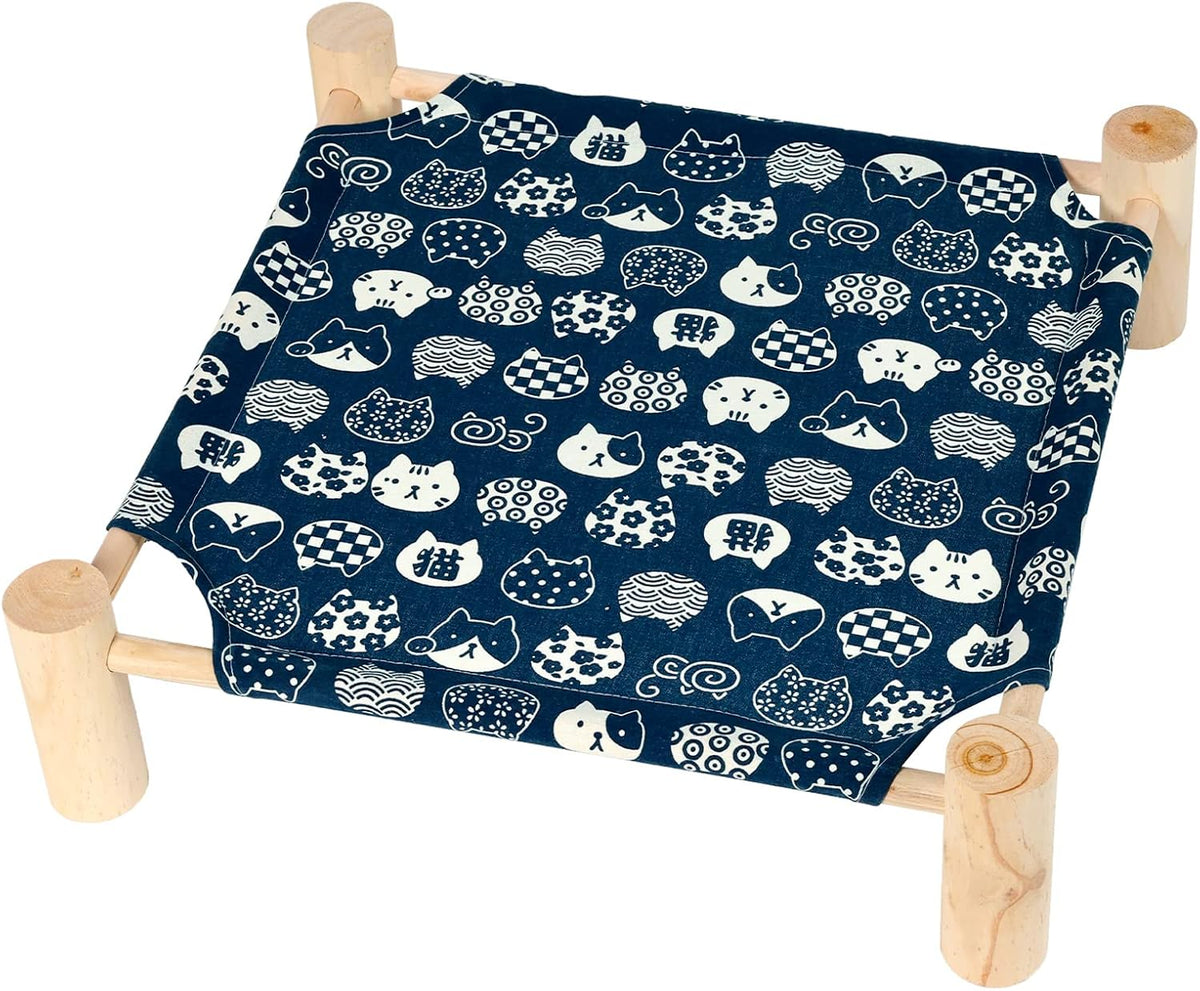 Patas Lague Pet Bed, Small, Elevated Cooling Hammock Bed, Wood, 19X19X5 Inches, 20 Lbs, Blue Cat, Indoor/Outdoor, Square, for Cats and Dogs
