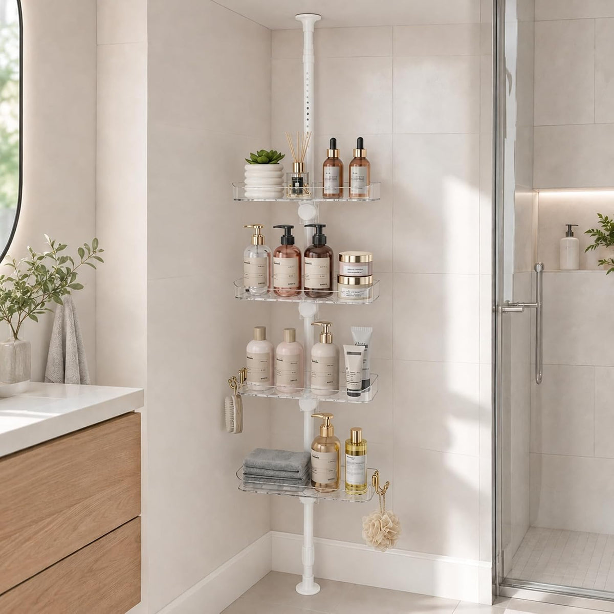 4-Tier Shower Caddy Tension Pole,Bathroom Straight Wall Organizer