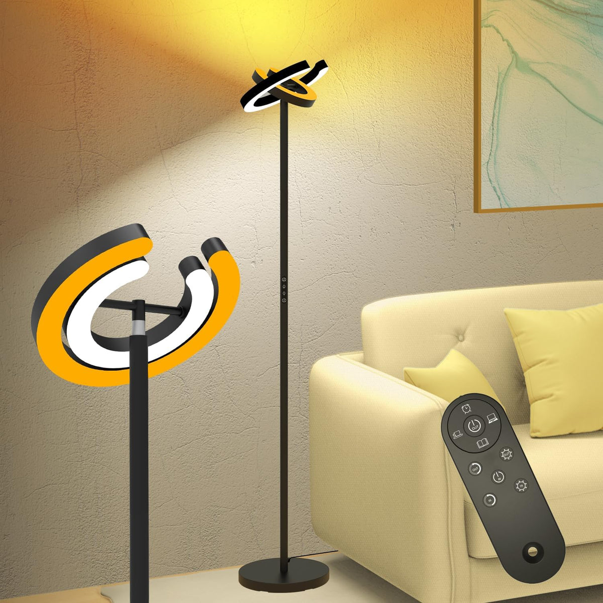 EPABINA Floor Lamp for Living Room, 75.5 Inch Tall Standing Lamp for Bedroom with 2 312° Rotatable Ring Lights, 36W Bright Stepless Dimmable LED Floor Light with Remote Control for Office Dining Room