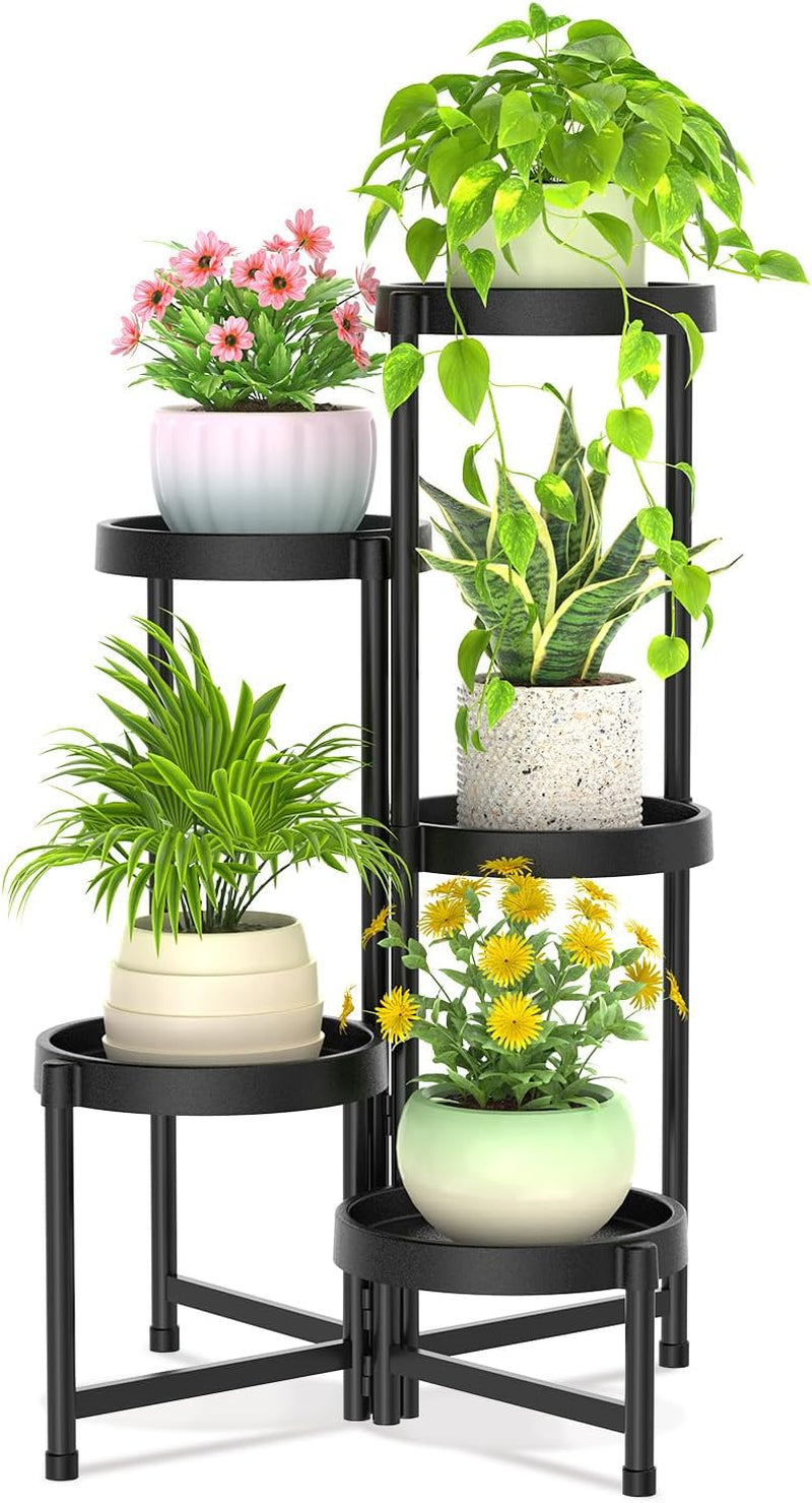 Idavosic.Ly 5 Tier Folding Plant Stand Indoor Outdoor, Plastic Tray, Black