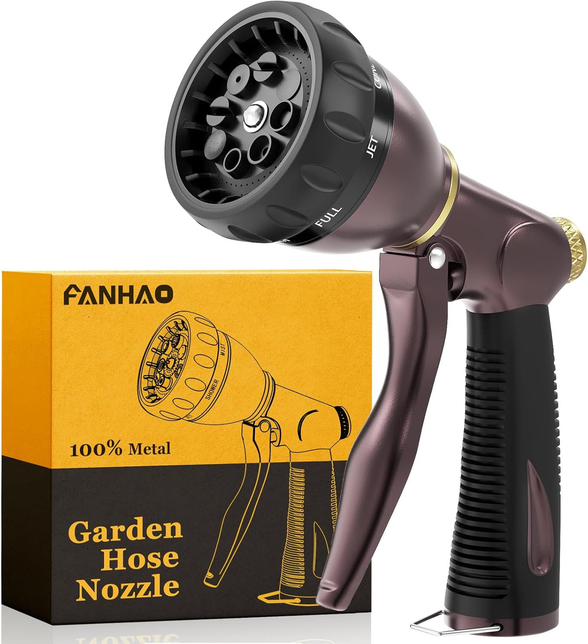 FANHAO Metal Water Hose Nozzle Heavy Duty, 8 Spray Patterns, High Pressure