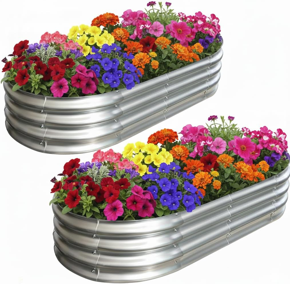 Raised Garden Bed Kit,2 Pack 4X2X1Ft Galvanized Garden Beds Outdoor with Safety Edging,Rust-Resistant Garden Bed - Oval Large Metal Planter Box for Vegetables…