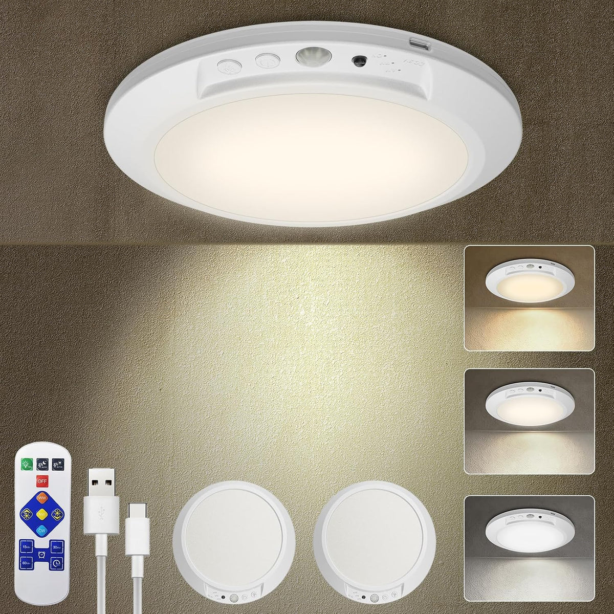 Motion Sensor Ceiling Light Battery Operated with Remote, 2 Pack Wireless Rechargeable Ceiling Lights Indoor, 3CCT Dimmable Closet Night Light for Shower Stairs Shed Hallway Porch RV and Tent