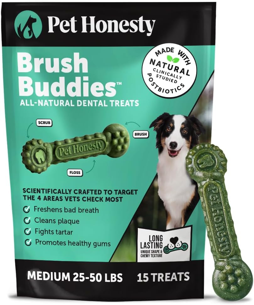 Pet Honesty Brush Buddies All Natural Dog Dental Treats for Dogs – Long Lasting Dental Sticks for Dogs, Teeth Cleaner, Breath Freshener, Plaque & Tartar Remover – Medium Sized Dogs (15 Count)