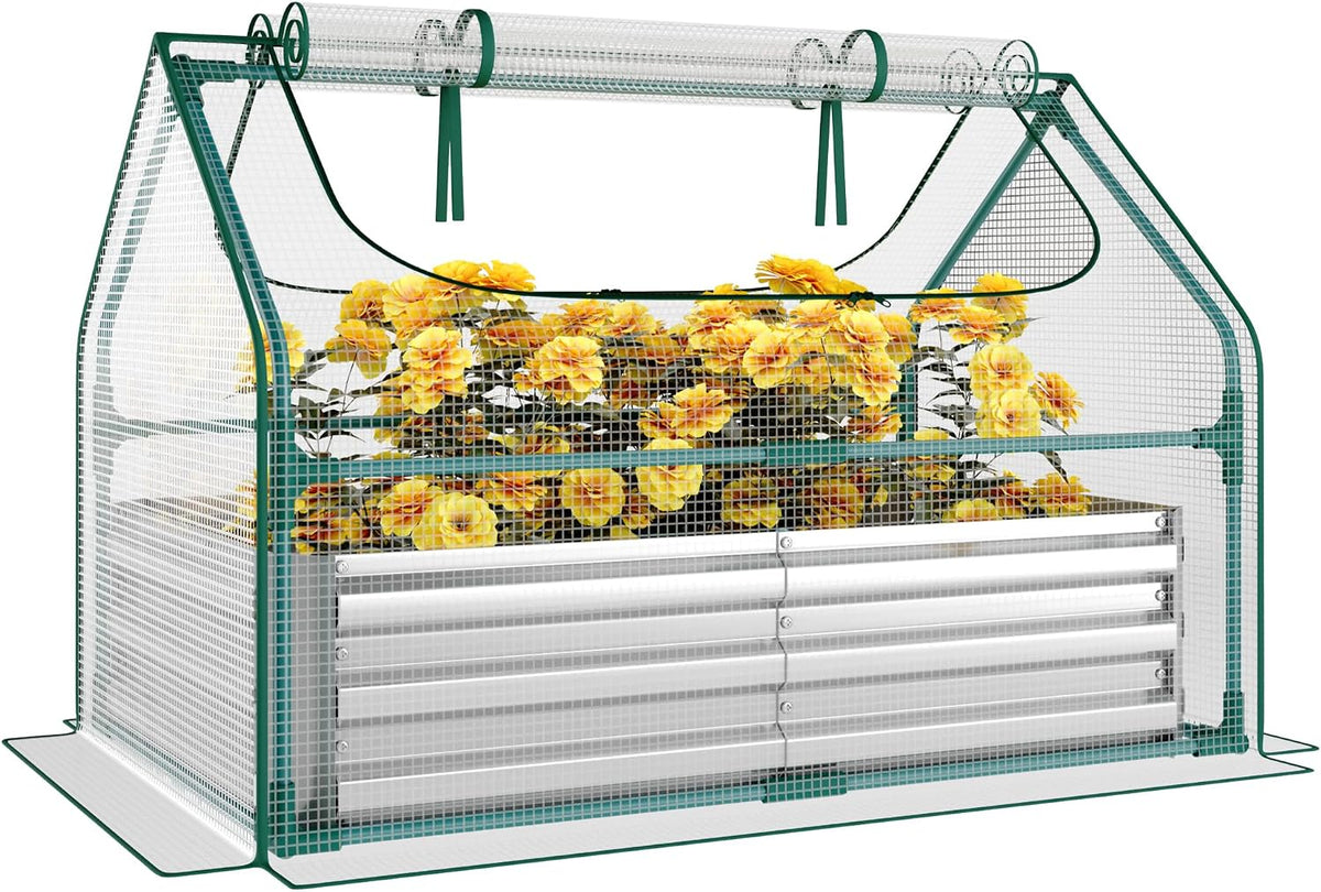 Miory Raised Garden Bed with PE Cover, 4X2.5X1 FT Galvanized Planter Box Outdoor with Mini Greenhouse, 2 Zippered Windows for Vegetables, Flowers, Includes Plant Labels & Gloves
