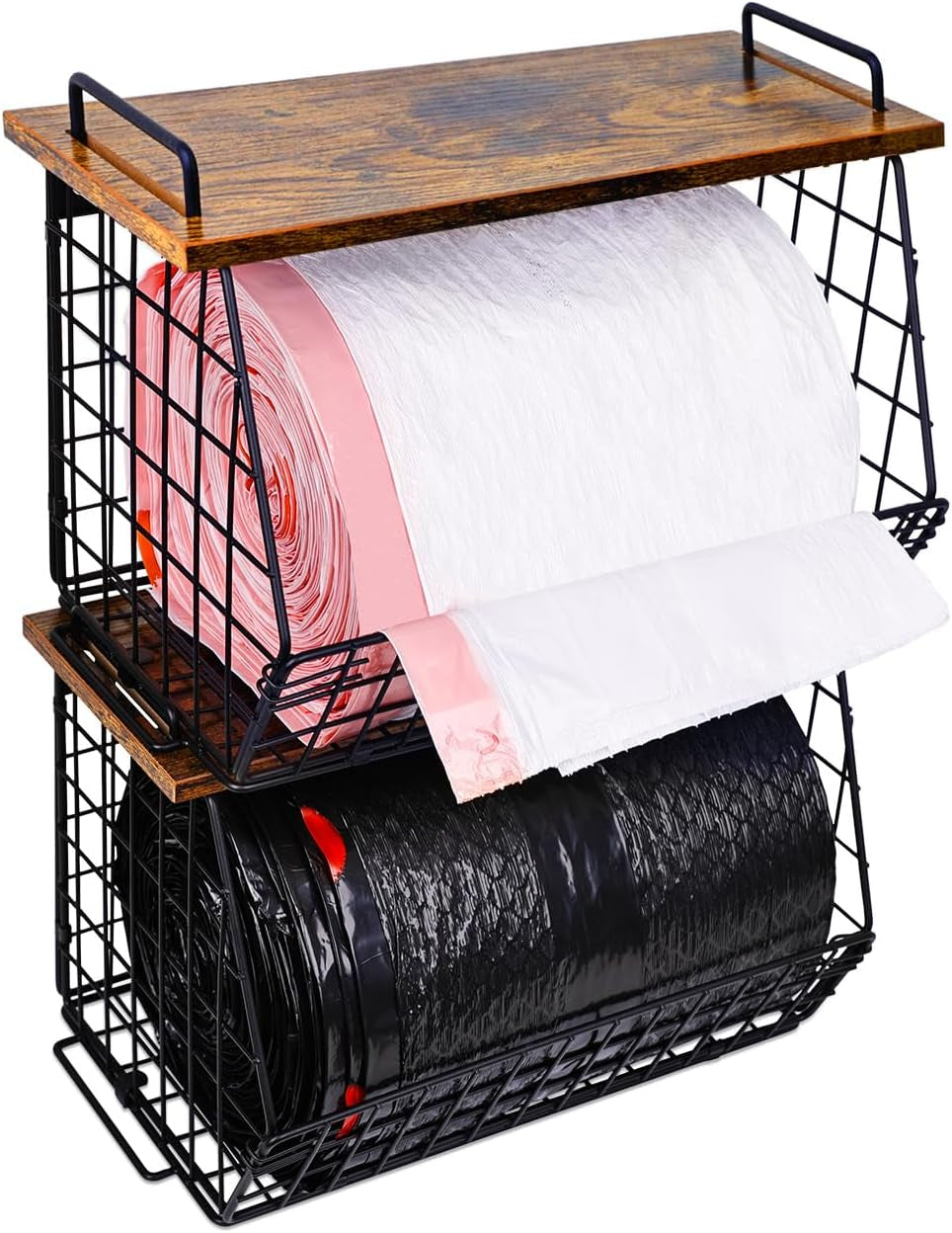 2 Pack Stackable Extra Large Trash Bag Holder under Sink, Wall Mounted Garbage Bag Dispenser Roll Holder for 13/33 Gallon Trash Bags, Kitchen/Pantry/Laundry Room Organization Basket Storage Bin