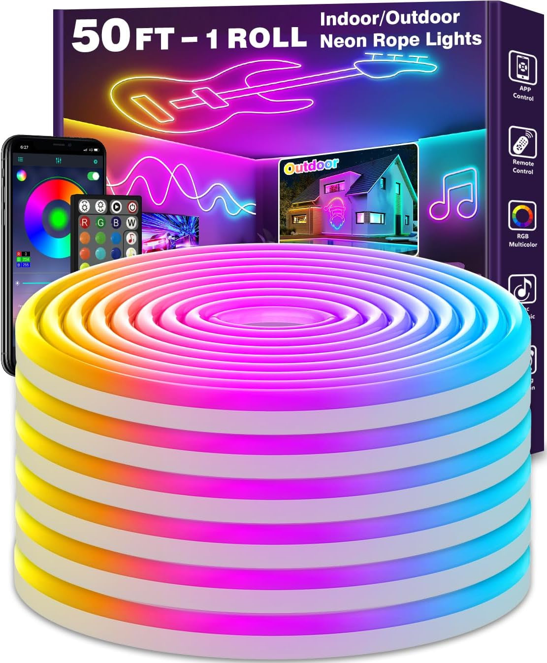 50Ft Neon Rope Lights,Flexible Led Rope Lights Control with App/Remote,Multiple Modes Rope Lights,Ip65 Outdoor RGB Led Neon Lights Waterproof,Music Sync Gaming Led Neon Light Strip for Bedroom Decor