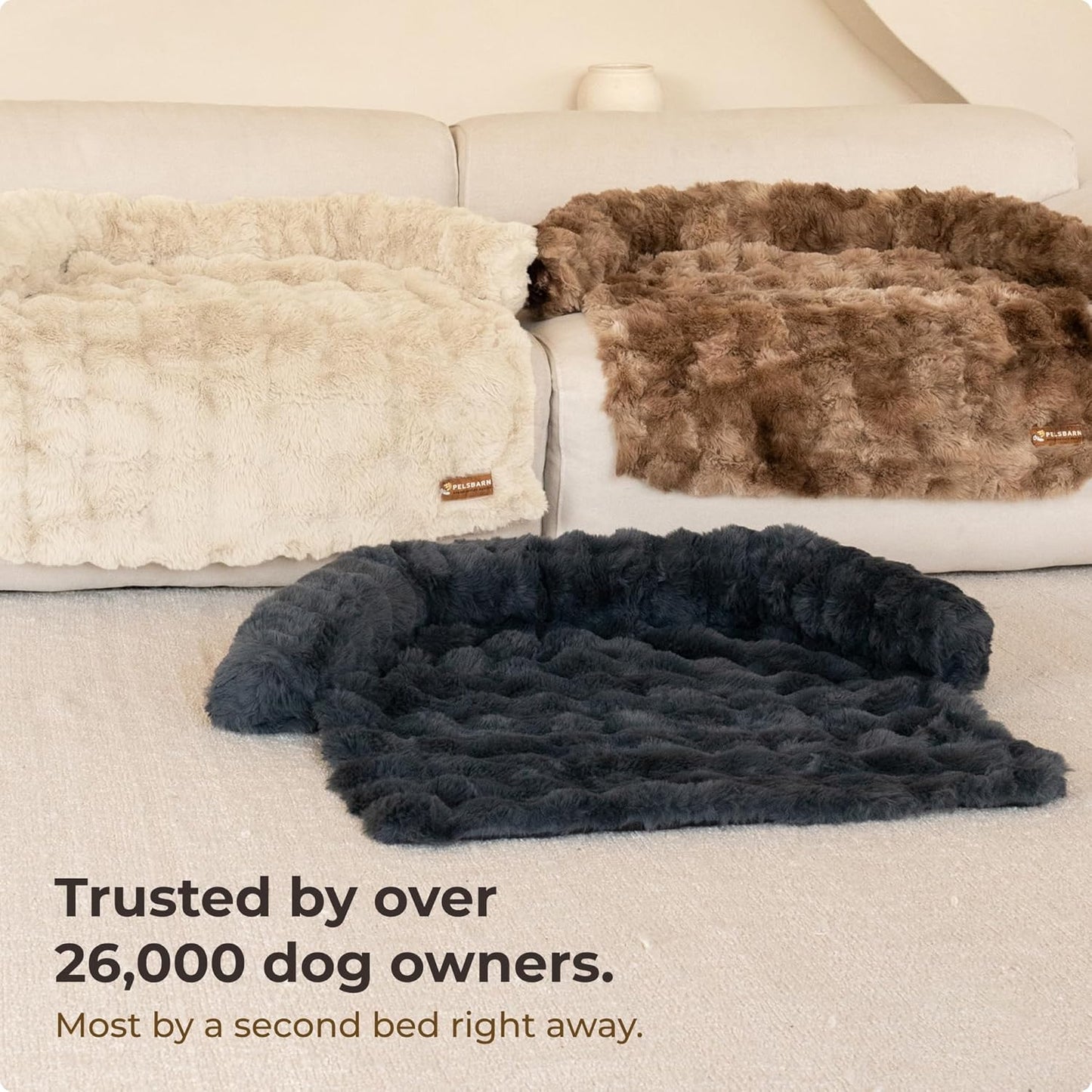 Pelsbarn Dog Bed for Couch, Luxurious Sofa Bed for Dogs with Non-Slip Oxford Bottom - Faux Rabbit Fur with Removable Cover, Small, Beige - 28X28 In