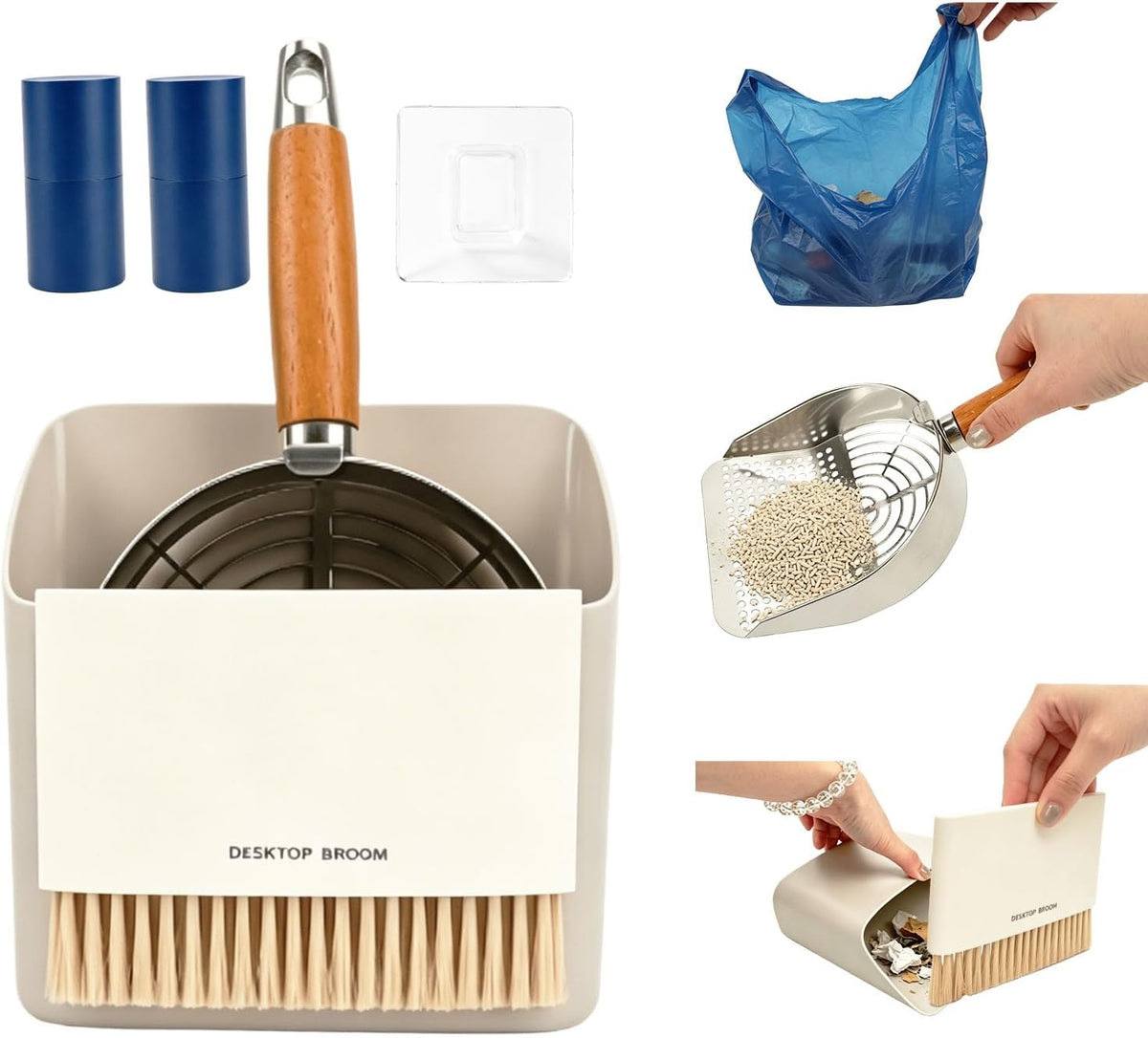 4 Pack Cat Litter Scoop with Holder, 304 Stainless Steel Rust‑Proof Litter Sifter, Ergonomic Wooden Handle, Dual Sifting Holes, Mini Broom & Dustpan Set