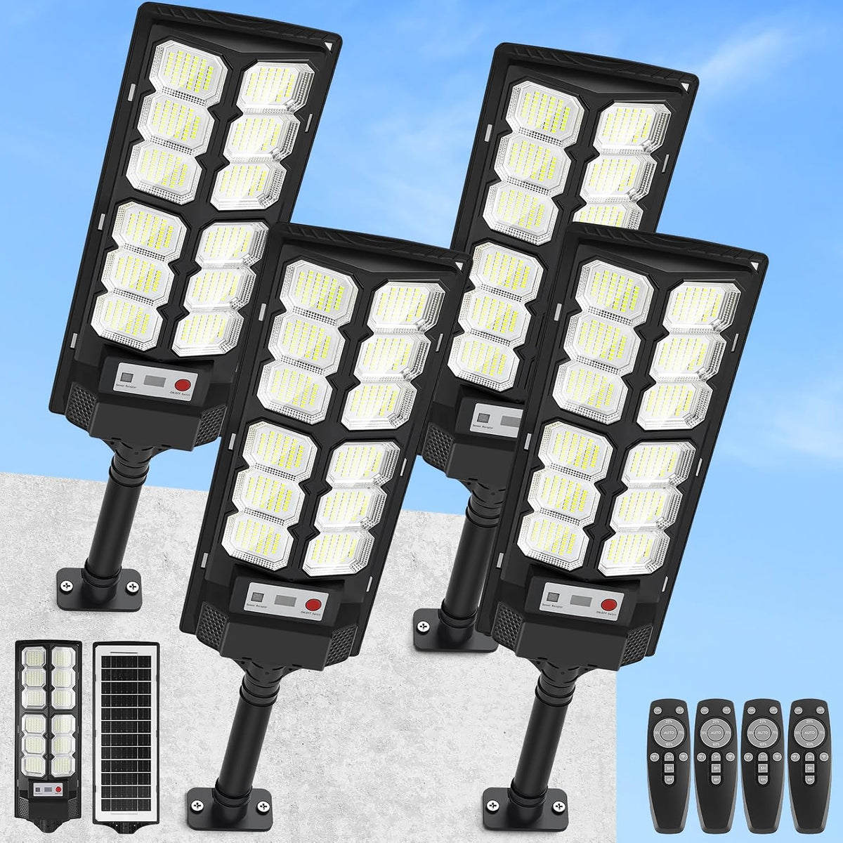 4-Pack Solar Street Lights Outdoor, 13000LM 6500K Waterproof LED Solar Flood Lights with Motion Sensor, Dusk to Dawn Solar-Powered Light for Outside, Security Lights for Parking Lot Yard Driveway