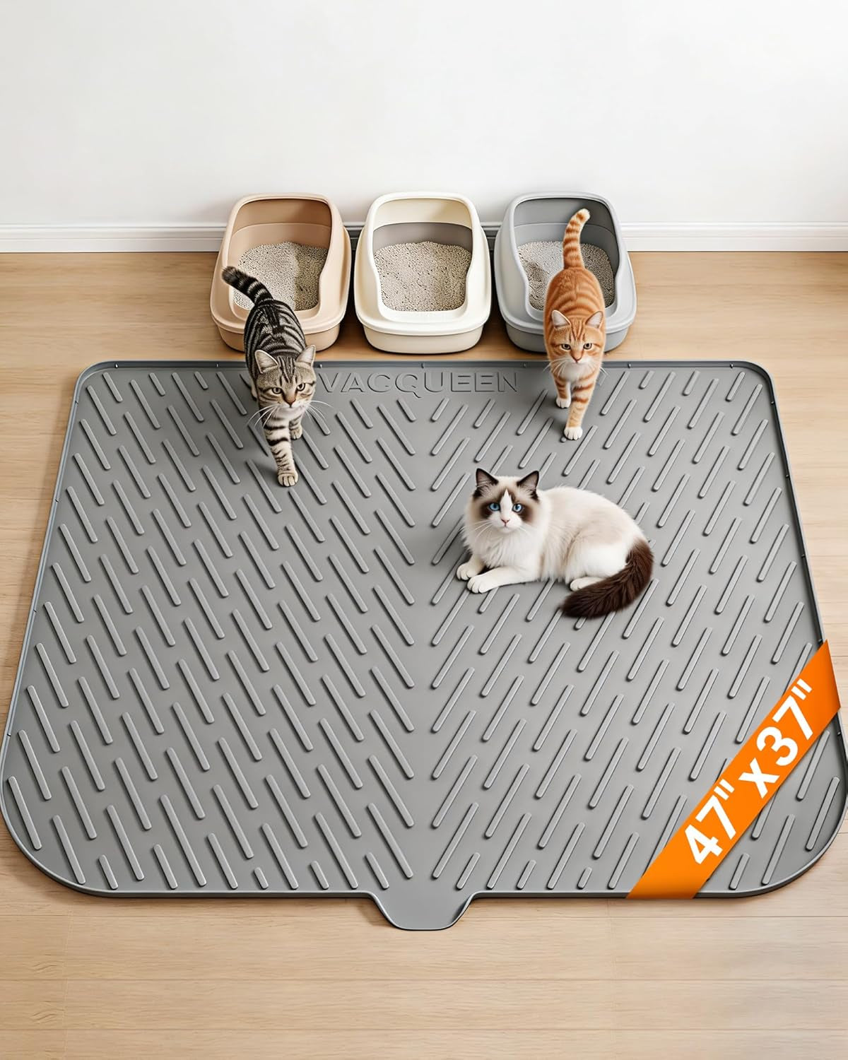 Cat Litter Box Mat, 47" X 37" Extra Large Cat Litter Mat, Silicone Waterproof Litter Trapping Mat for Scatter Control Soft on Kitty Paws Non-Slip Easy to Clean (Gray)