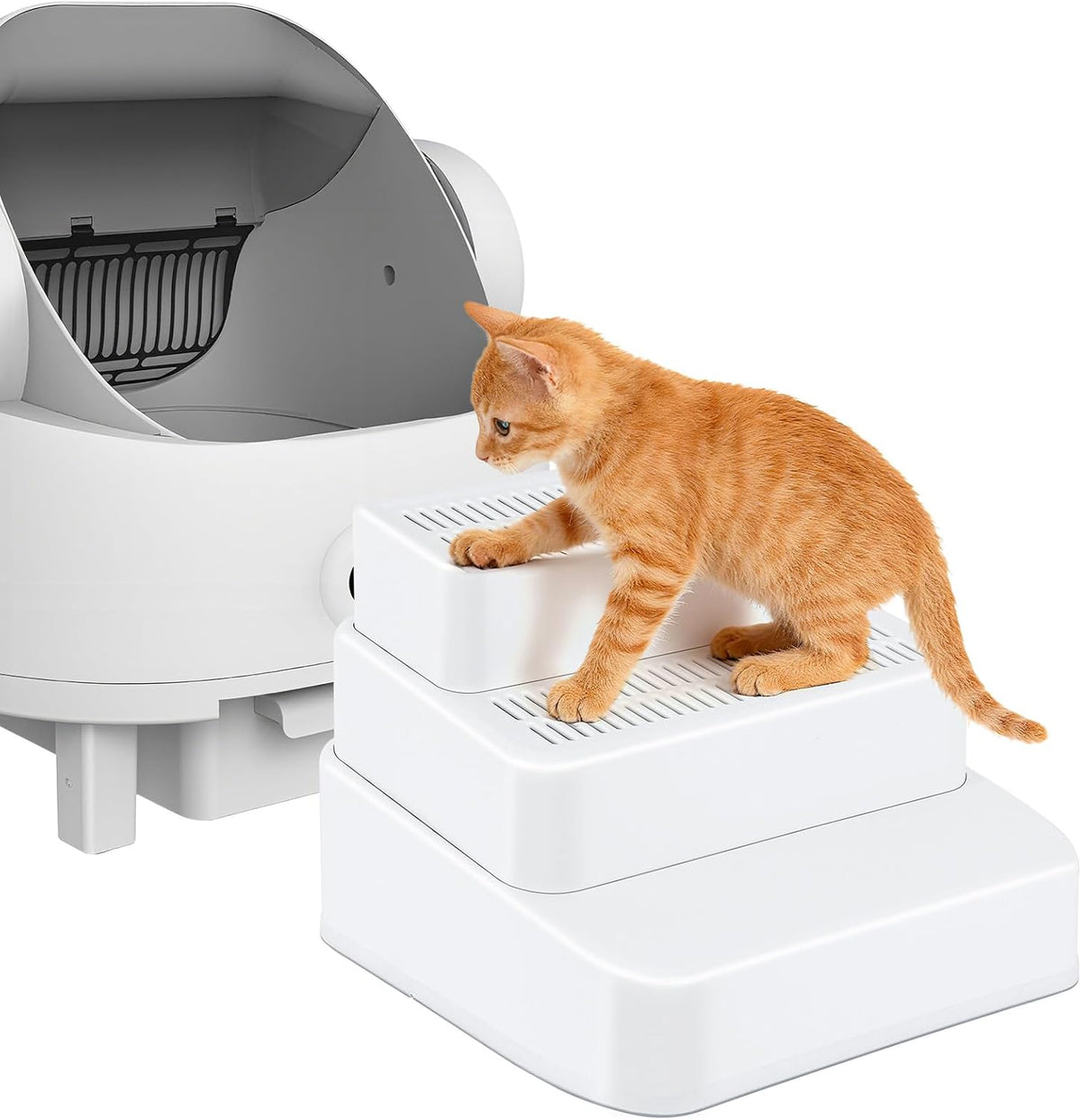 Adjustable 3 Step Litter Box Step, Cat Litter Box Ramp/Catcher White