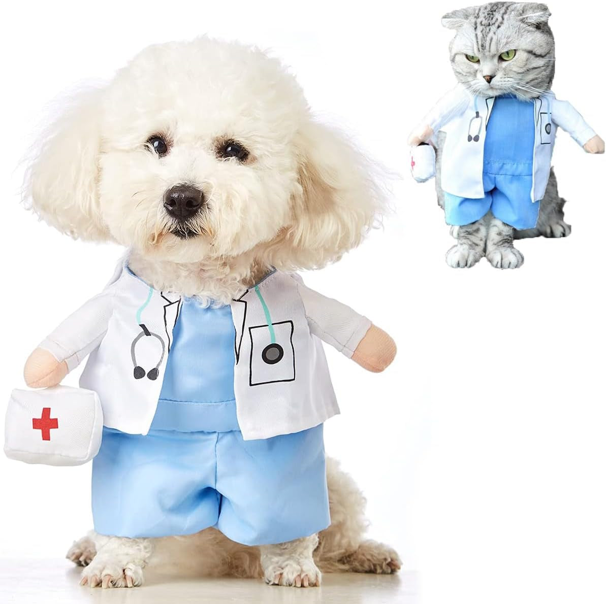 Dog Cat Doctor Costume, Funny Pet Doctor Halloween Costumes for Small Dogs Cats Puppy, Cosplay Party Dog Jeans Clothing Chrismas Clothes Cool Outfit Cat Apparel Cute Uniform (Doctor, Medium)