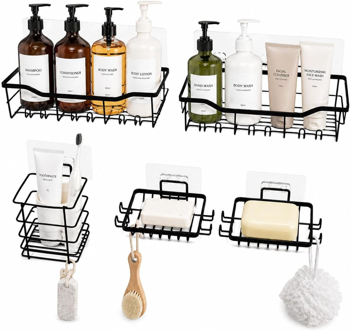 Shower Caddy 5 Pack Adhesive, Rustproof Bathroom Shelves with Soap Dish & Sponge Holder, No Drill Storage Organizer for Shower, Kitchen Sink, Home Organization & Accessories