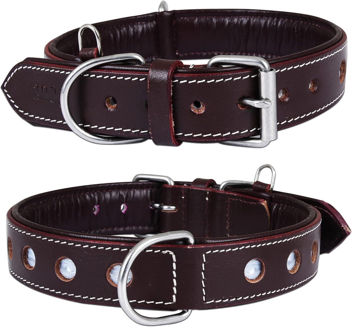 Dowgclub Reflective Full-Grain Leather Dog Collar, Medium, Cherry