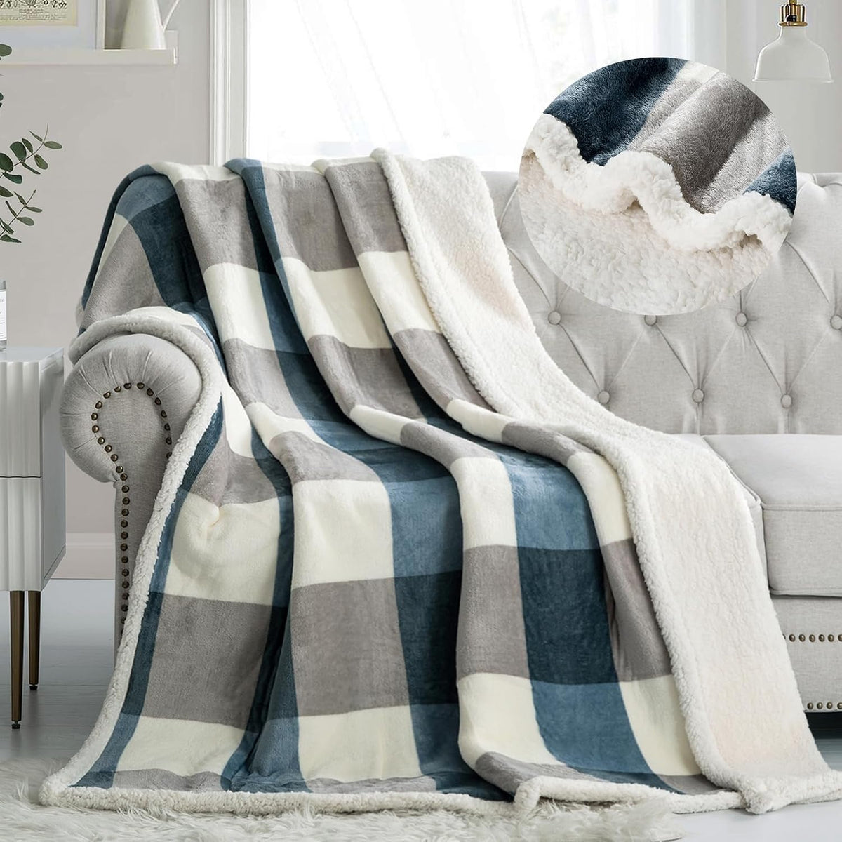PU MEI Sherpa Fleece Throw Blanket 60" X 80" Reversible Plush Fluffy Large Big Blanket Lattice Flannel Blankets for Sofa Couch Bed (Grey-Soft Blue, 60"*80")