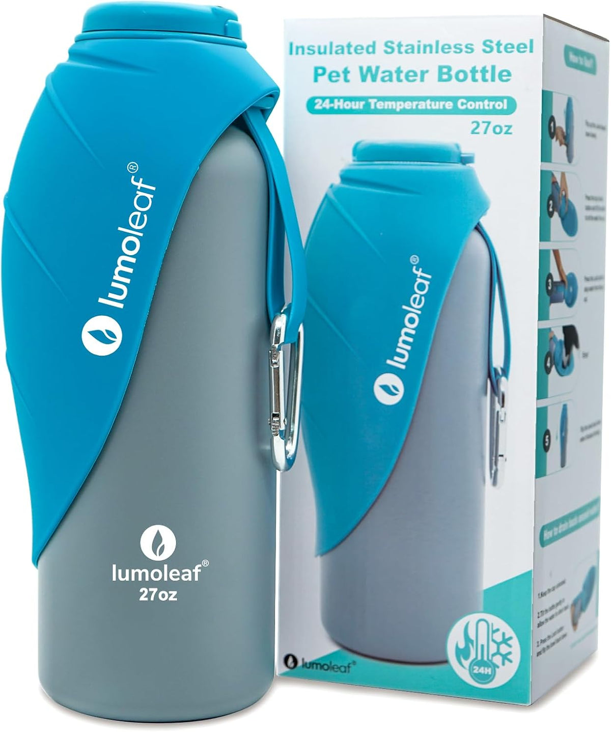 Lumoleaf Insulated Dog Water Bottle 27 Oz Stainless Steel - Keep Water Cool or Warm, Portable Pet Water Bowl for Travel, Wide Mouth for Easy Ice Filling & Cleaning