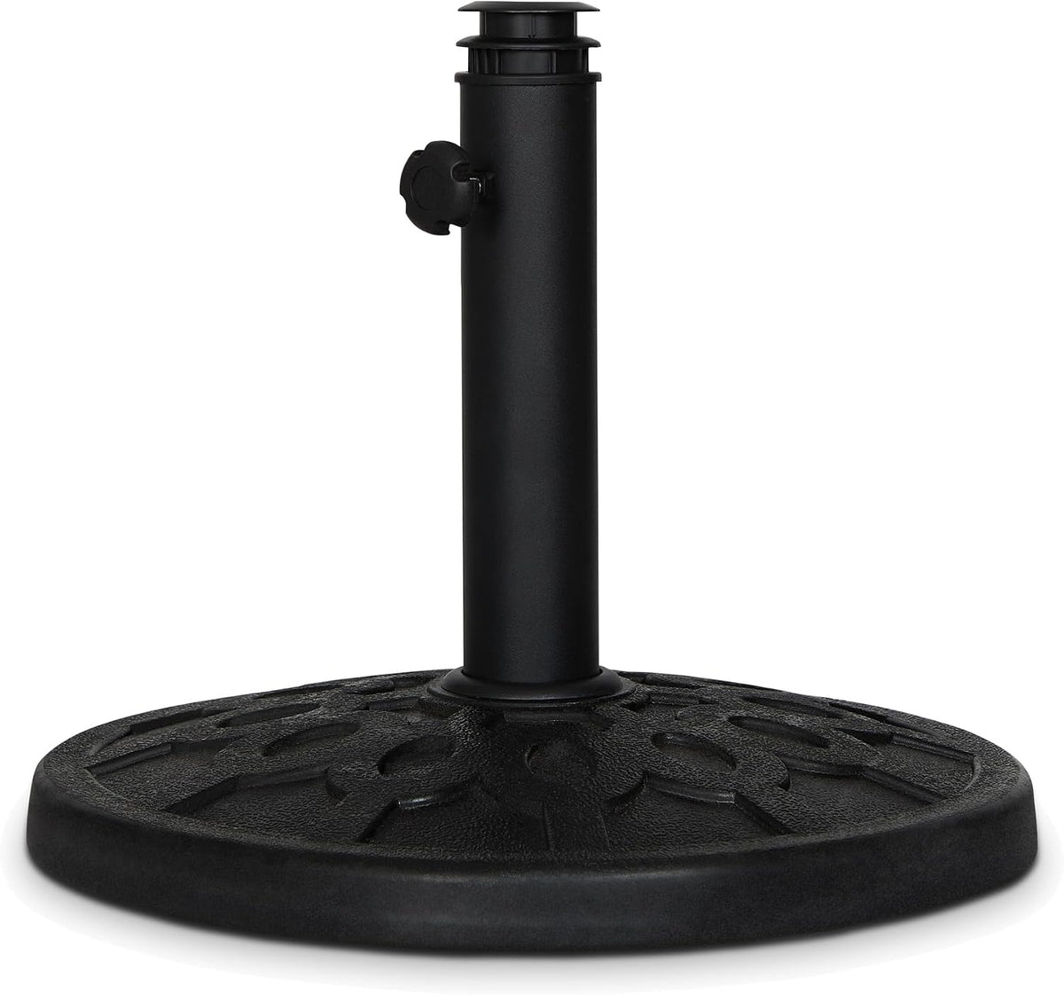 Backyard Expressions 20 Lb round Patio Umbrella Base – Heavy Duty Resin-Coated Calcium Carbonate Stand with Adjustable Pole Adapters Fits 1.5"–2" Poles, Weather-Resistant, Black Finish