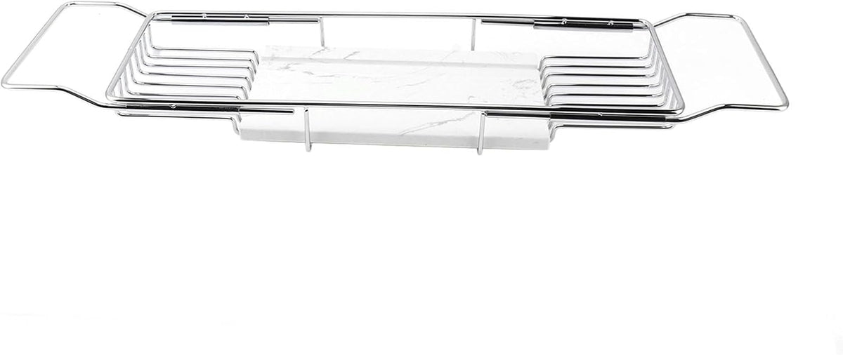 Haofy Expandable Bathtub Caddy Tray, Stainless Steel Bathtub Shelf with Marble Base, Anti-Slip Space Saving Bath Tray Organizer for Bathroom, House Warming Gift (Silver White)