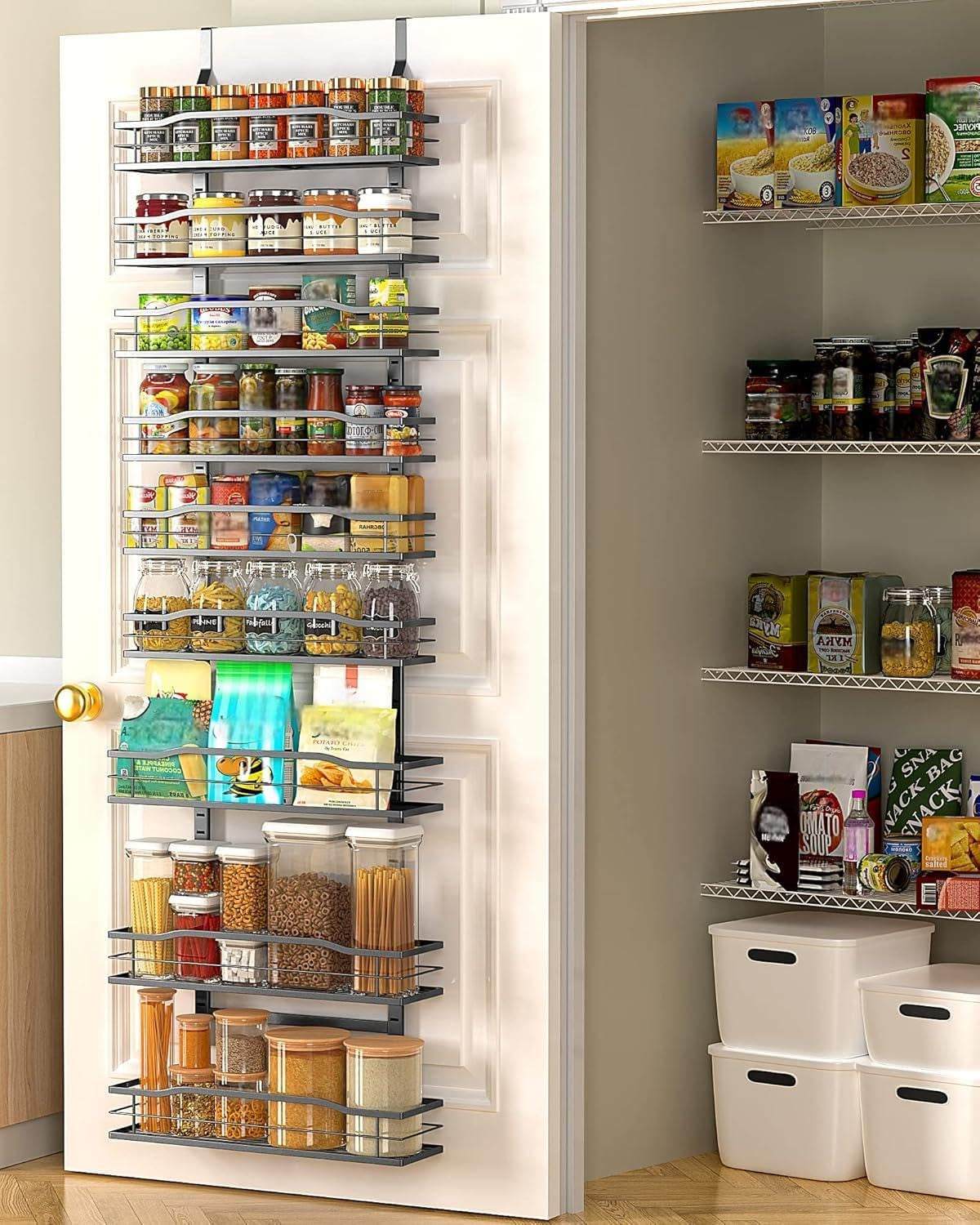Moforoco 9-Tier over the Door Pantry Organizer, Pantry Organization and Storage, Black Hanging Basket Wall Spice Rack Seasoning Shelves, Home & Kitchen Bedroom Bathroom House Essentials