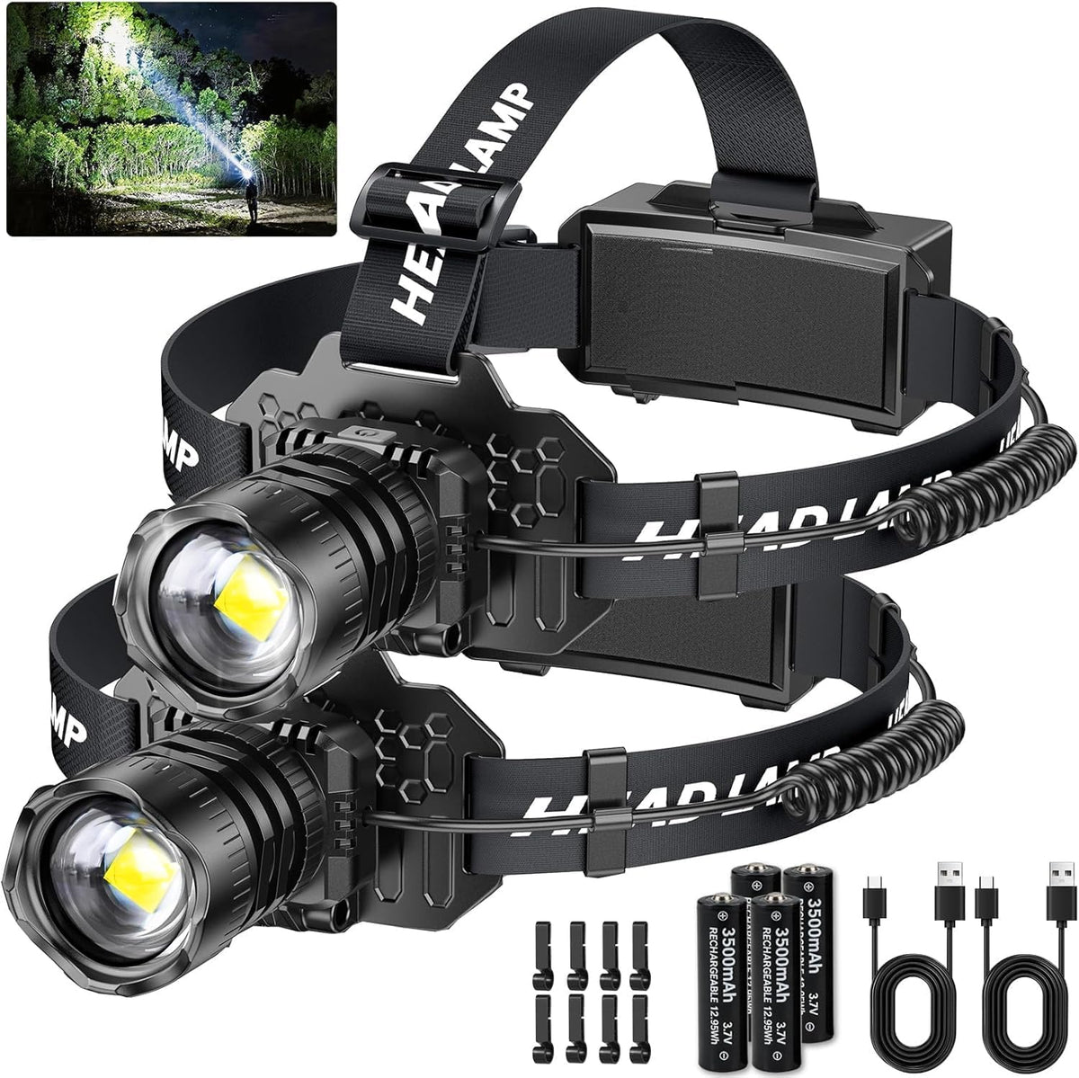 Curtsod Rechargeable LED Headlamp 2-Pack - 99000 Lumens Super Bright with Motion Sensor & 90° Rotation - Waterproof Headlight for Camping, Hiking, Running - 3 Light Modes