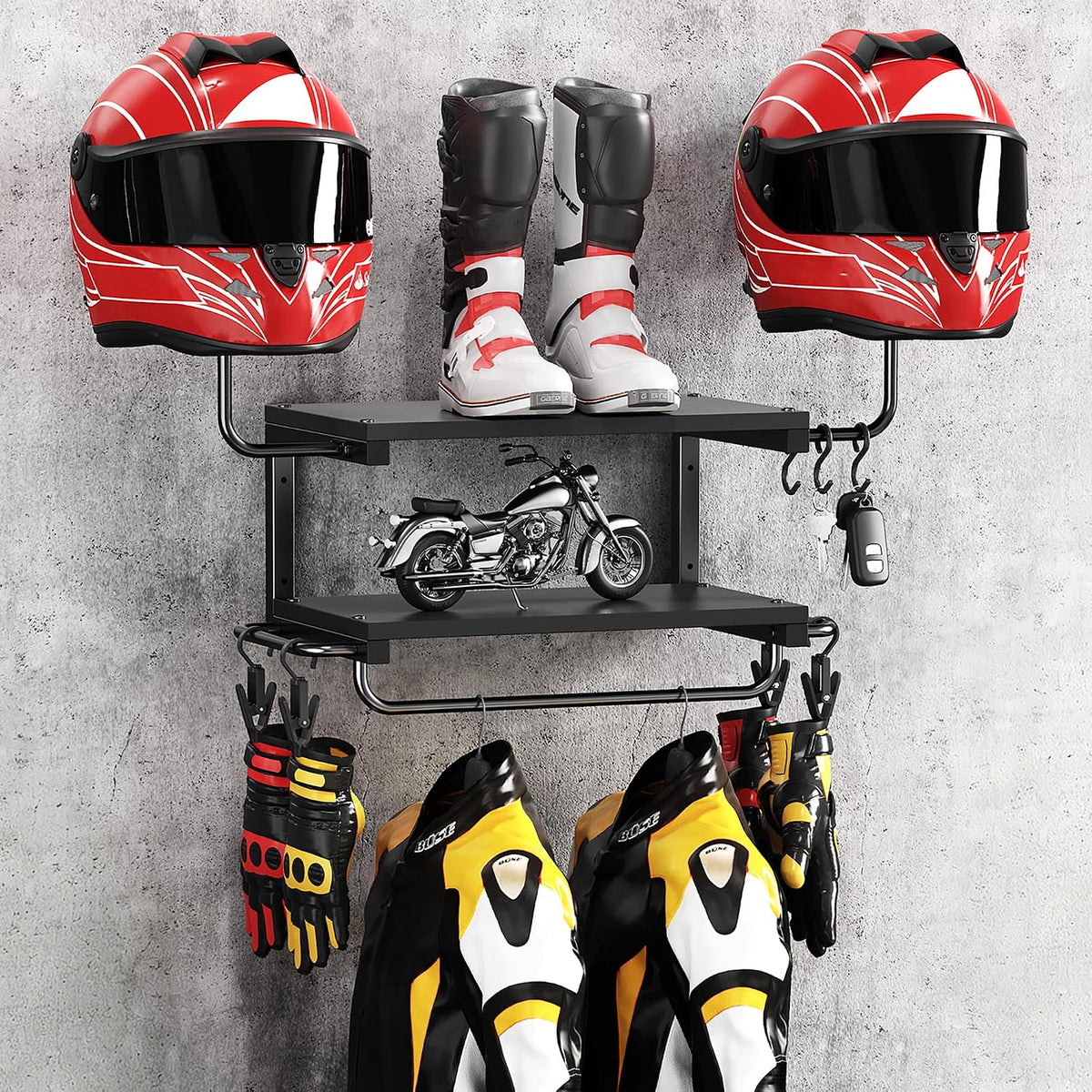 Motorcycle Helmet Holder Wall Mount, 2 Tier Helmet Rack with 2 Hat Stands