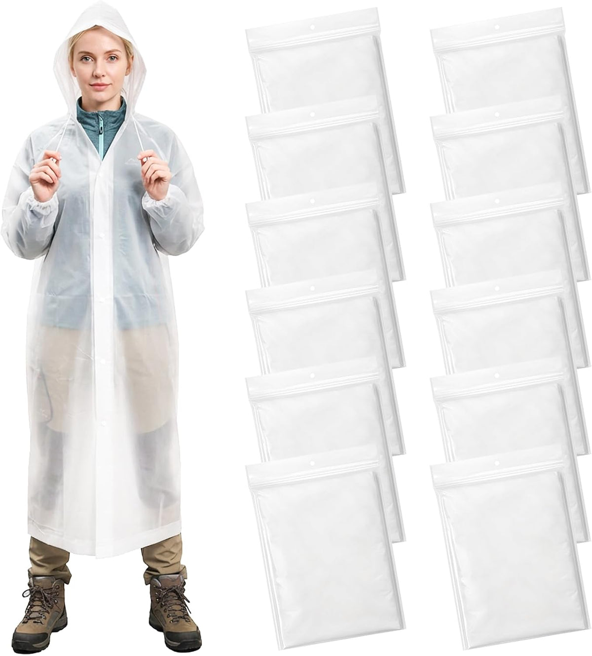 DEAYOU 12 Pack Rain Ponchos for Adults Reusable, Long Raincoats with Drawstring Hood, Waterproof EVA Emergency Rain Jackets for Women Men, Travel, Camping, Hiking, Packable, Family Pack, Transparent