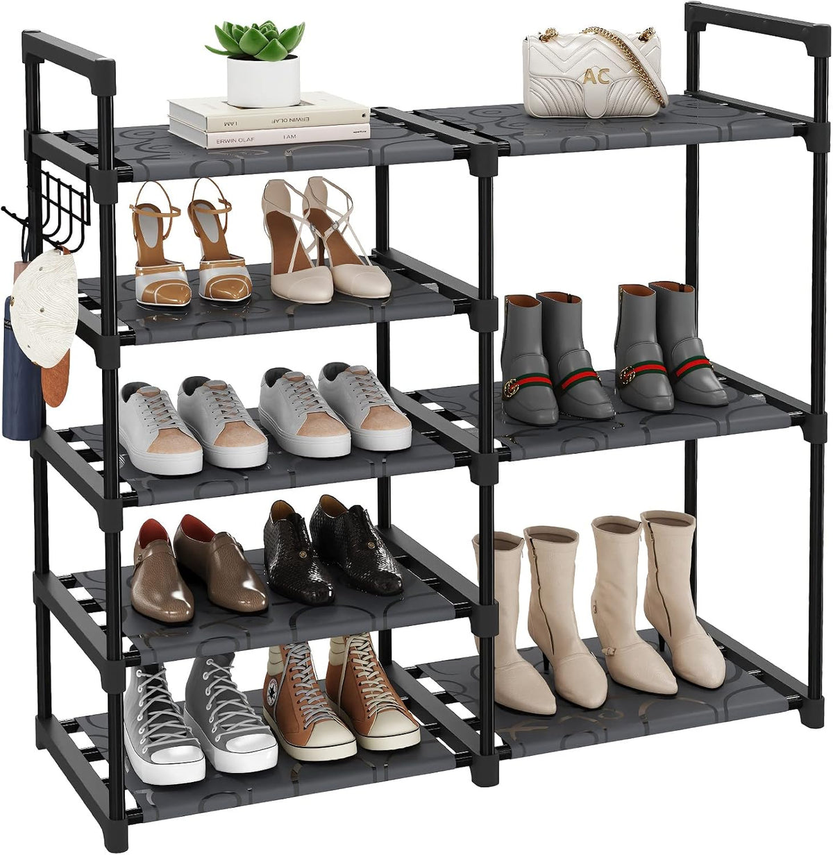 CSXGBAB Black Tubes Closet Shoe Rack, Boot Rack, 5 Tier Oxford Fabric Shelf, Easy Assembly, Sturdy and Durable, Holds up to 30 Lbs