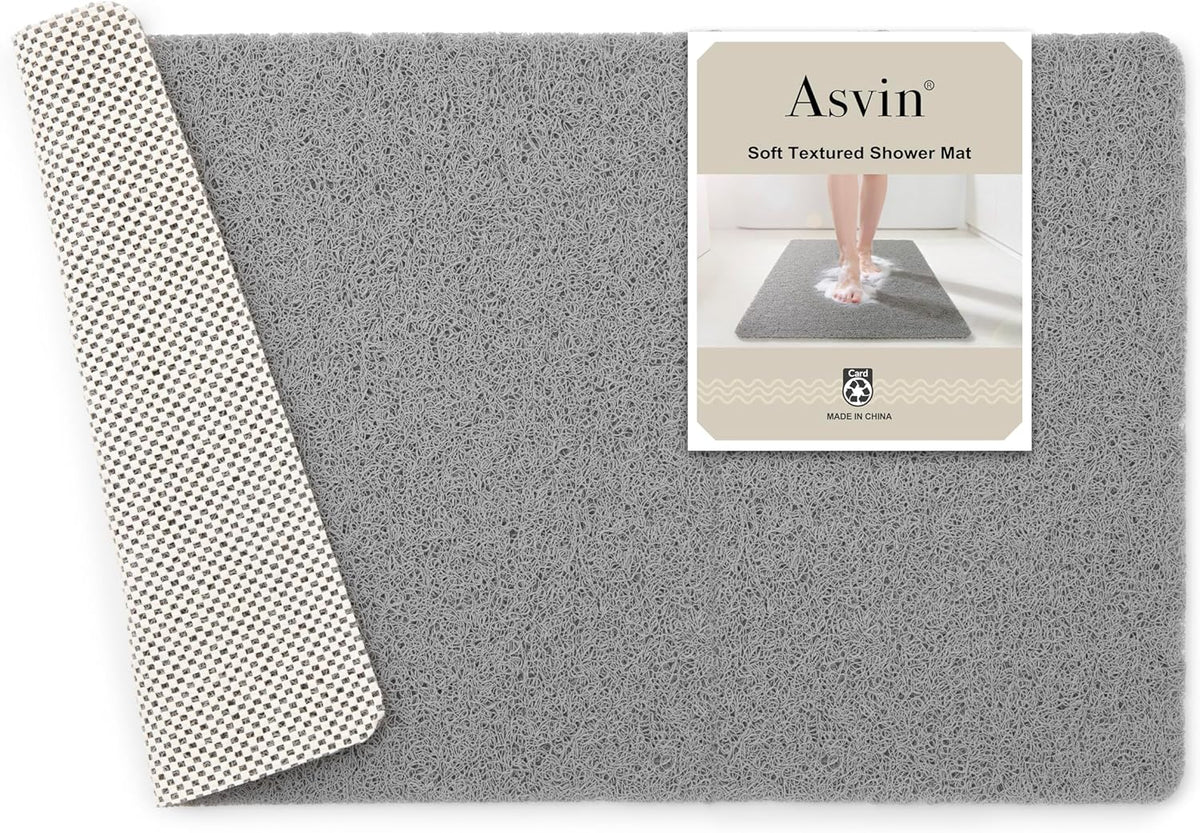Asvin Soft Textured Bath, Shower, Tub Mat, 24X16 Inch Rectangular, Phthalate Free, Non Slip Comfort Bathtub Mats with Drain, PVC Loofah Bathroom Mat for Wet Areas, Quick Drying, Grey