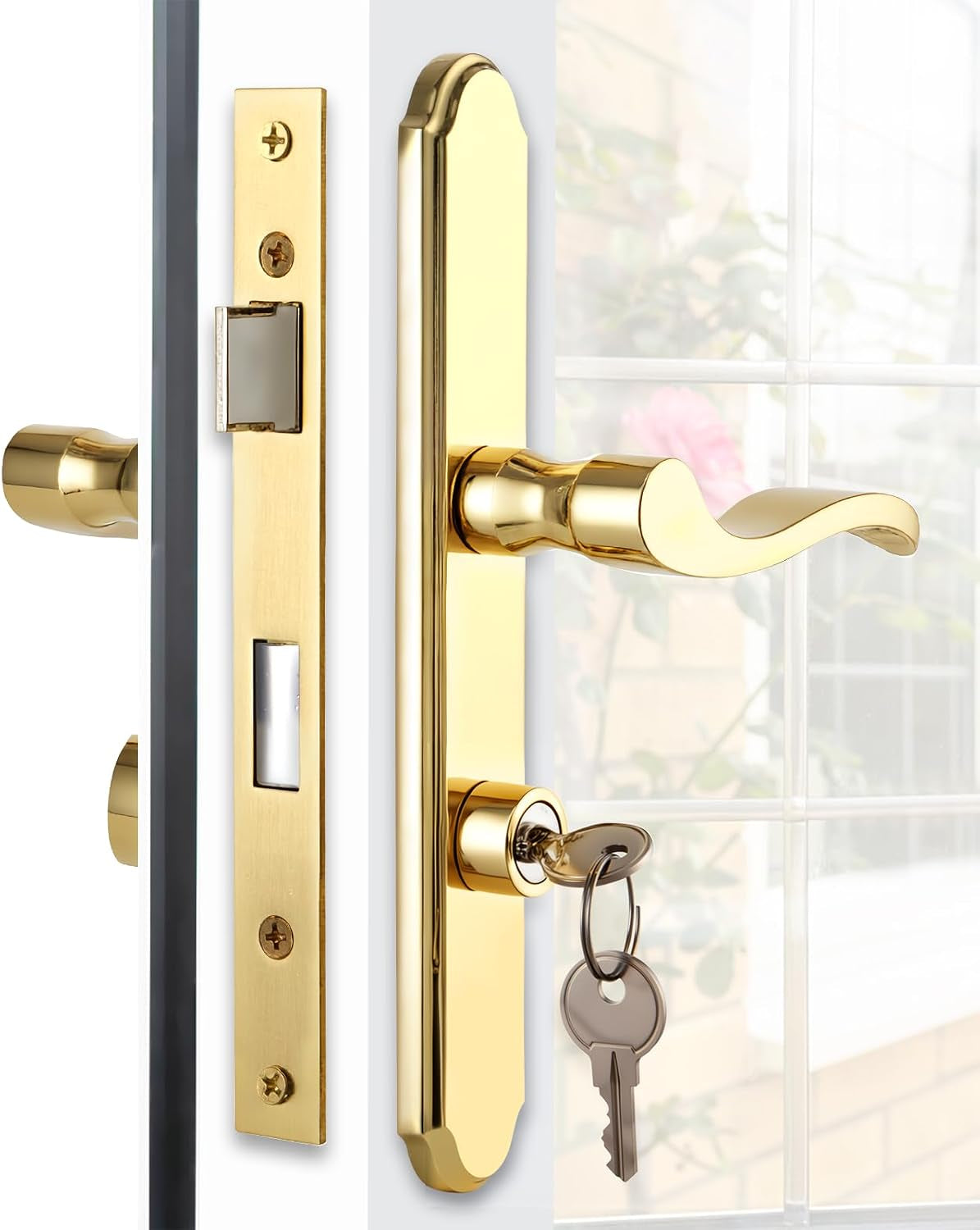 Maxxgeek Flat Slot Storm Door Handle Complete Set, Mortise Keyed Lever Mount Latch with Deadbolt for Screen and Storm Doors (Bright Gold)