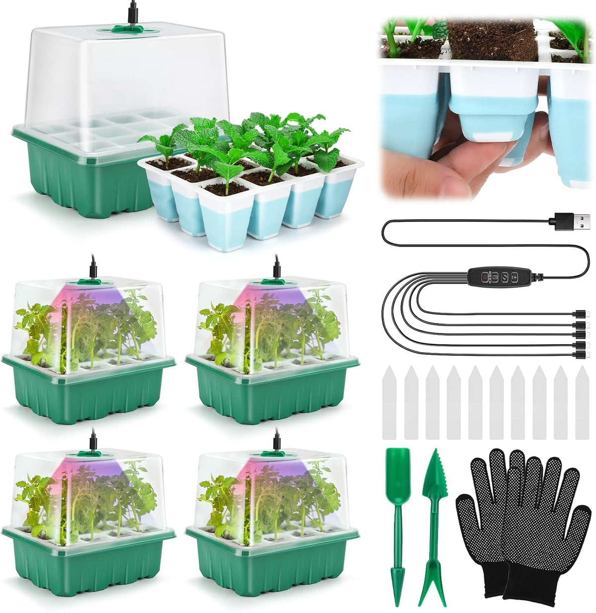 Seed Starter Tray with Grow Light, 60 Flexible Cells 5 PCS Seed Starter Kit, Reusable Seedling Starter Trays with Humidity Dome and High Lid, Germination Trays for Indoor Greenhouse Seed Starter