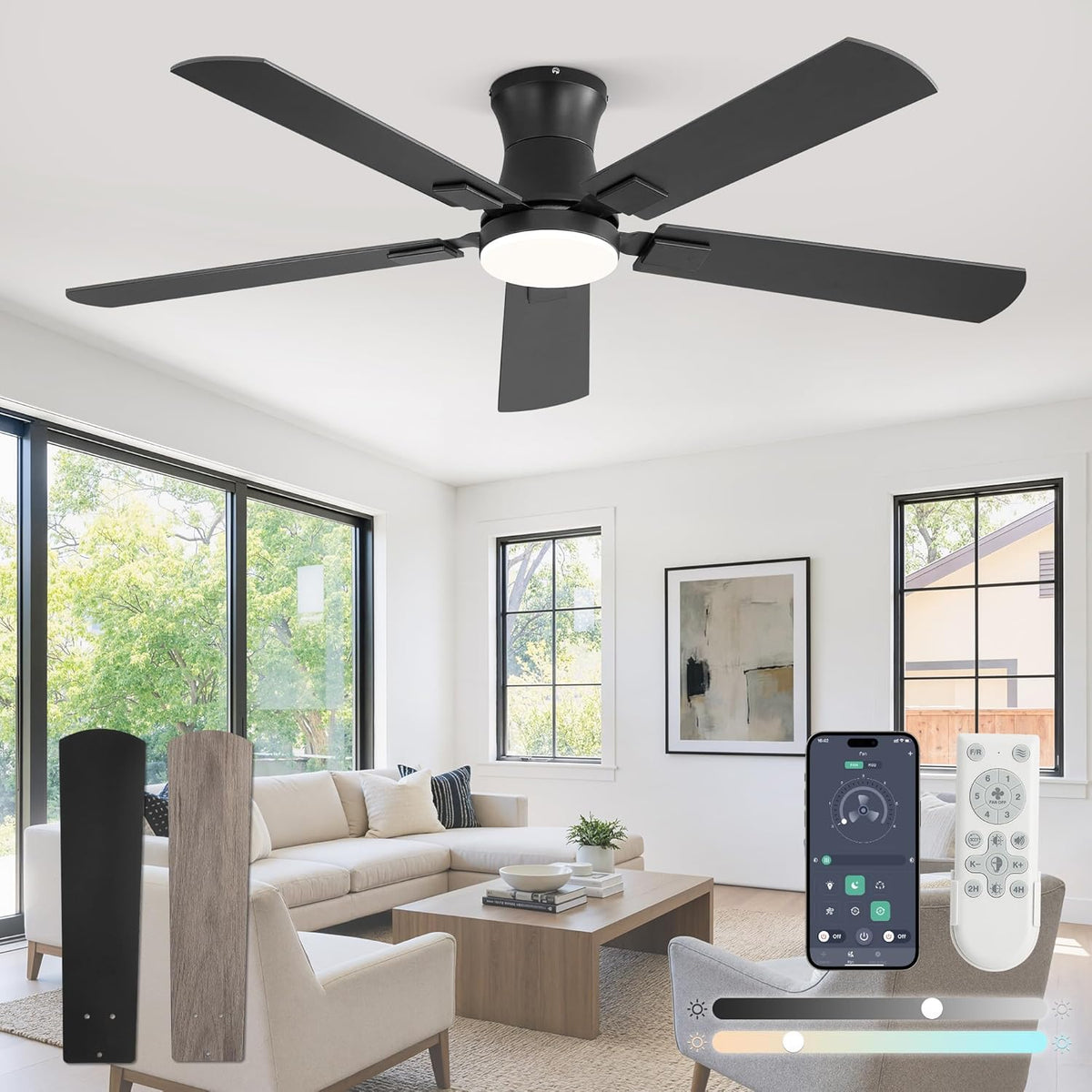 Fanbulous 52 Inch Ceiling Fan with Light, Low Profile, App & Remote Control