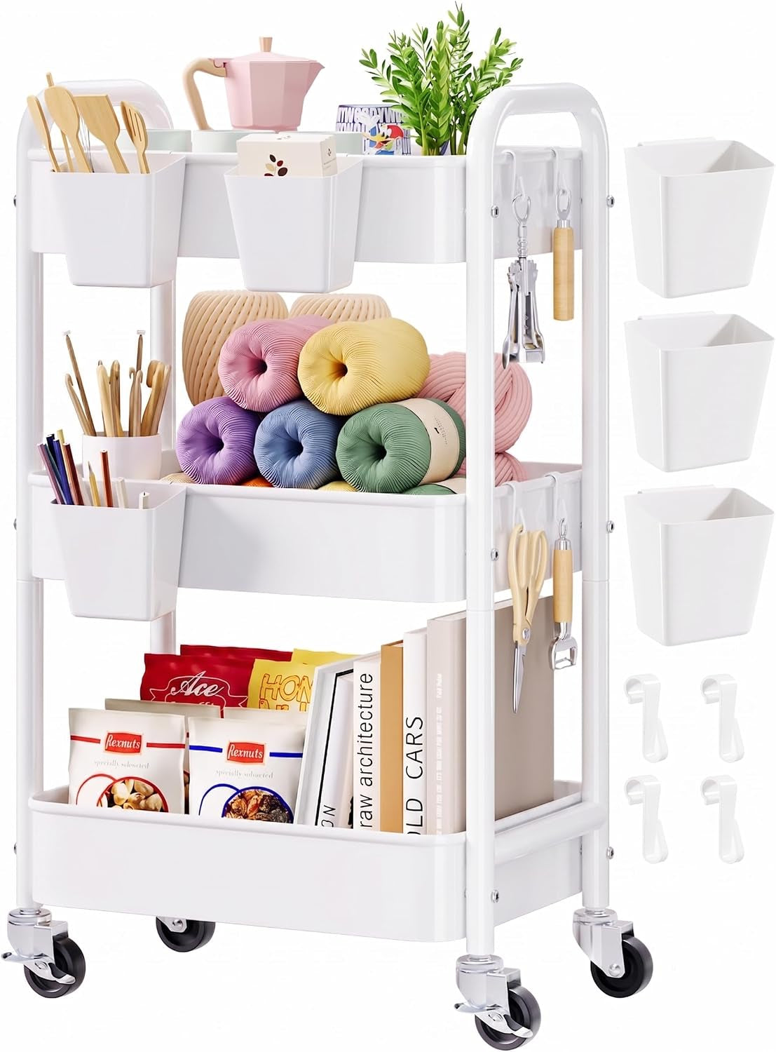 3 Tier Rolling Cart Metal with Wheels, White Three Tiered Carts on Wheels