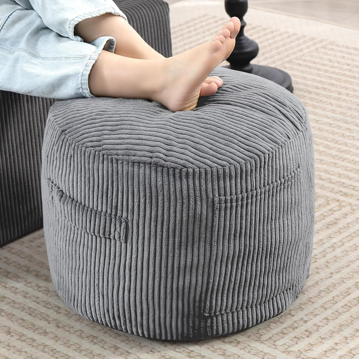 Round Stuffed Pouf Ottoman (Gray, 20" D X 20" W X 15" H)