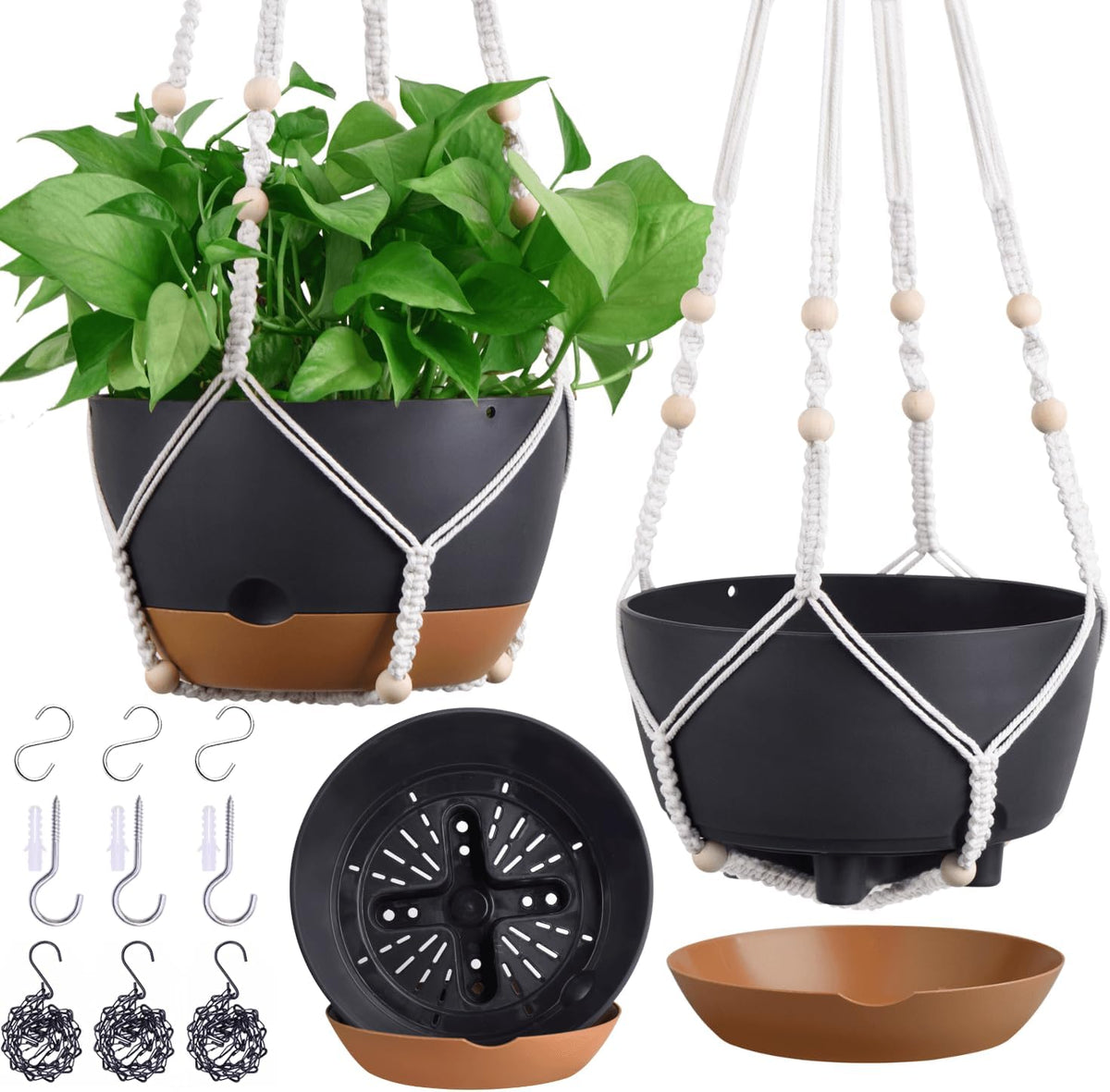 3 Pack 8/10/12 Inch Self-Watering Hanging Plant Pot Chain& Macrame Hangers