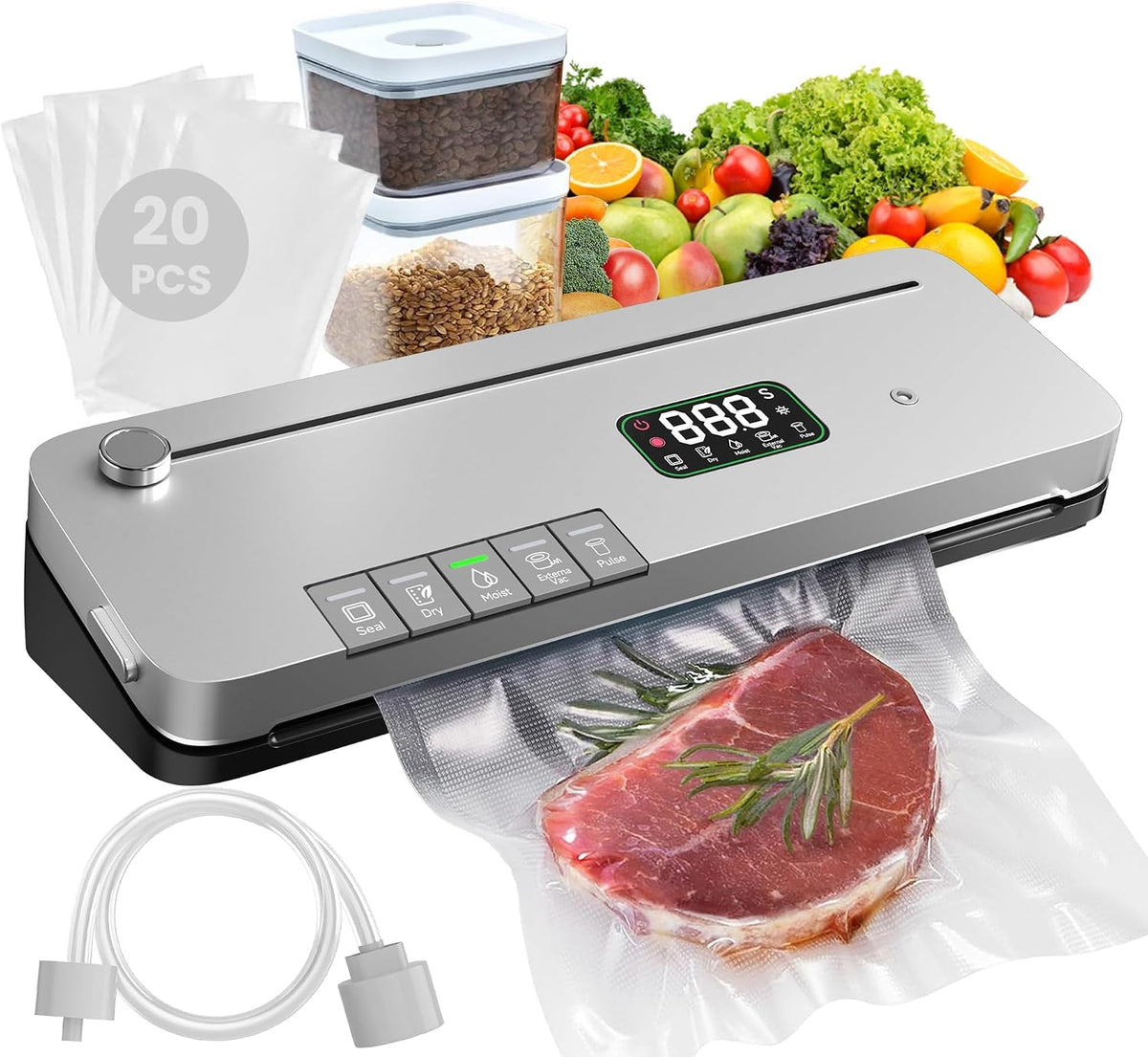 7-In-1 Food Vacuum Sealer Machine 75Kpa, Household Kitchen Sealer, 20 Bags