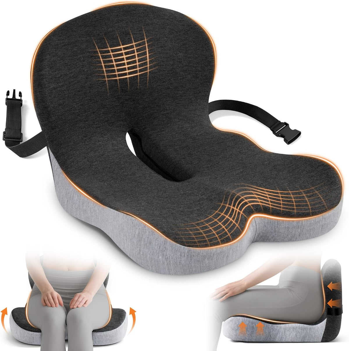 Truck Driver Seat Cushion, Office Chair Cushions for Pressure Relief, Seat Cushions for Back Support with L-Shaped Ergonomic & Adjustable Strap, Memory Foam Chair Cushion for Long Sitting (Black Gray)
