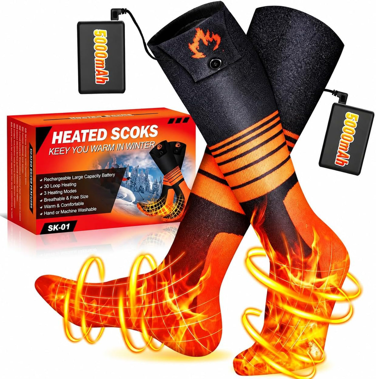 Heated Socks for Men Women, 5000Mah Rechargeable Battery Operated Thermal Socks with 4 Adjustable Heat Levels, 360° Full Foot Washable Electric Foot Warmers for Ski Hunting Hiking Motorcycle Winter