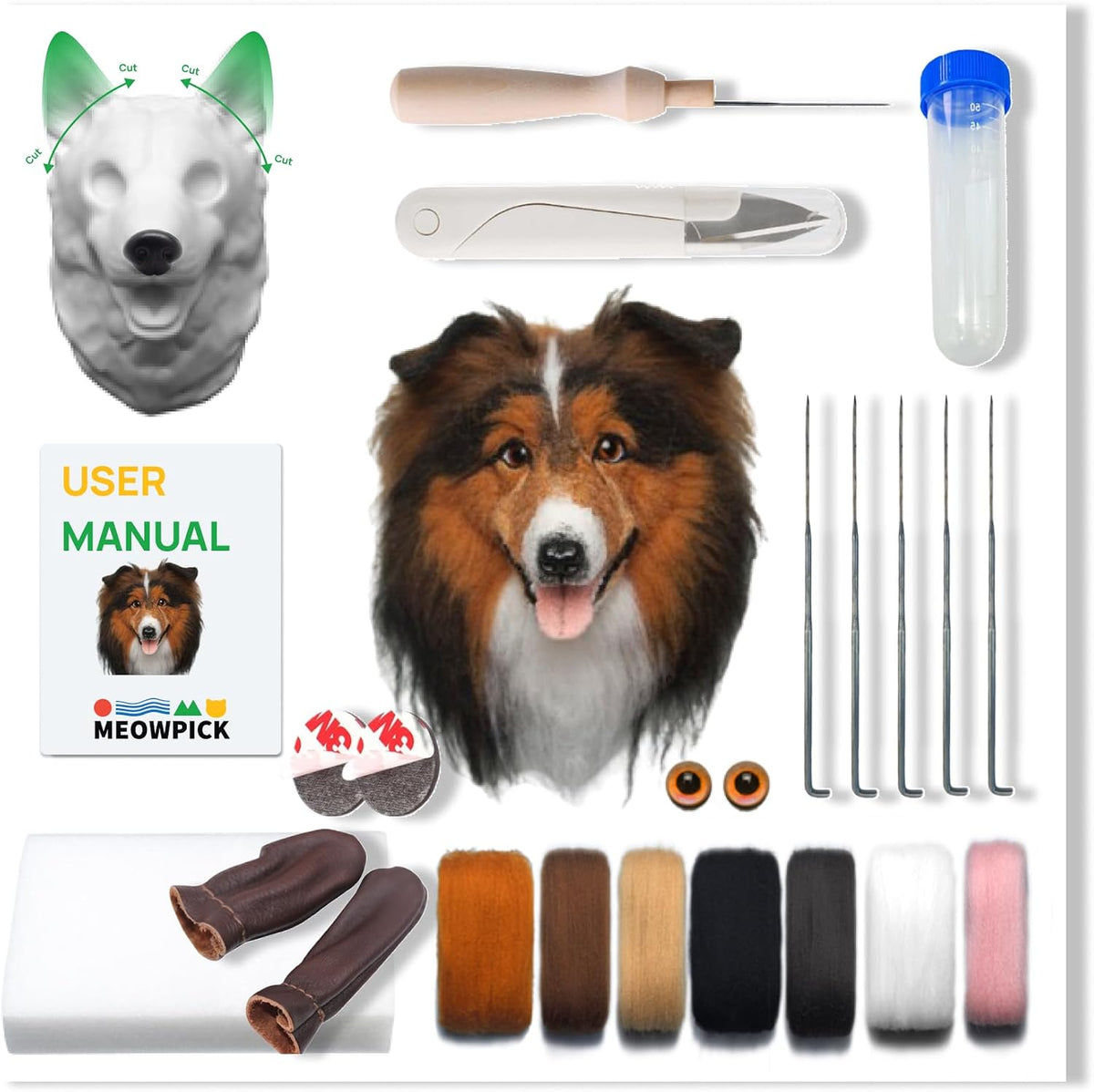 Meowpick Dog Head Needle Felting Kit with Upgraded Breed-Specific Mold - Complete DIY Wool Felting Starter Set for Beginners (Collie)
