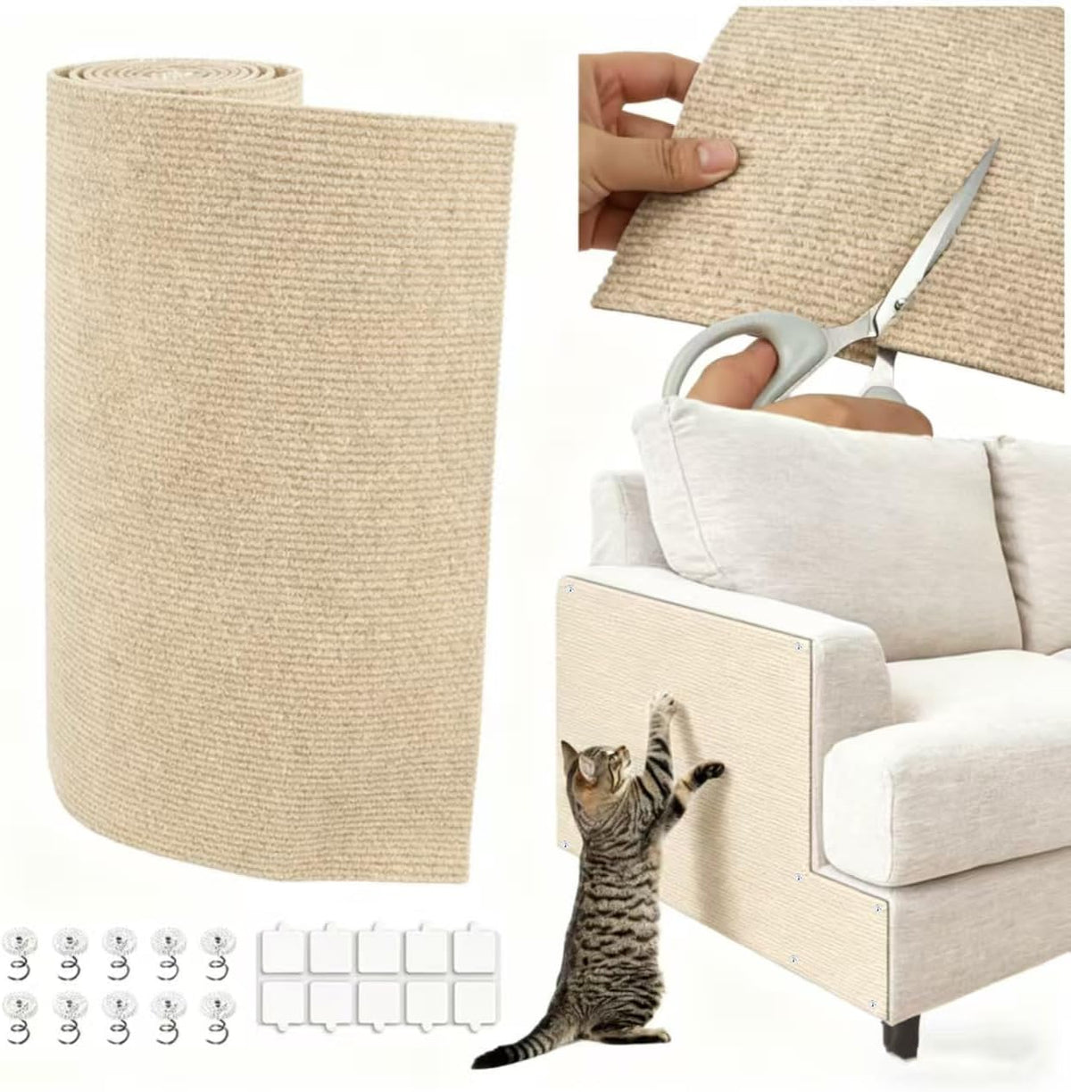 Cat Scratch Mat, 78.7"X15.8" Trimmable Self-Adhesive Cat Scratcher Carpet, DIY Cats Scratch Furniture Protector for Couch, Sofa, Wall & Door, Protector from Cat Claws (Beige)