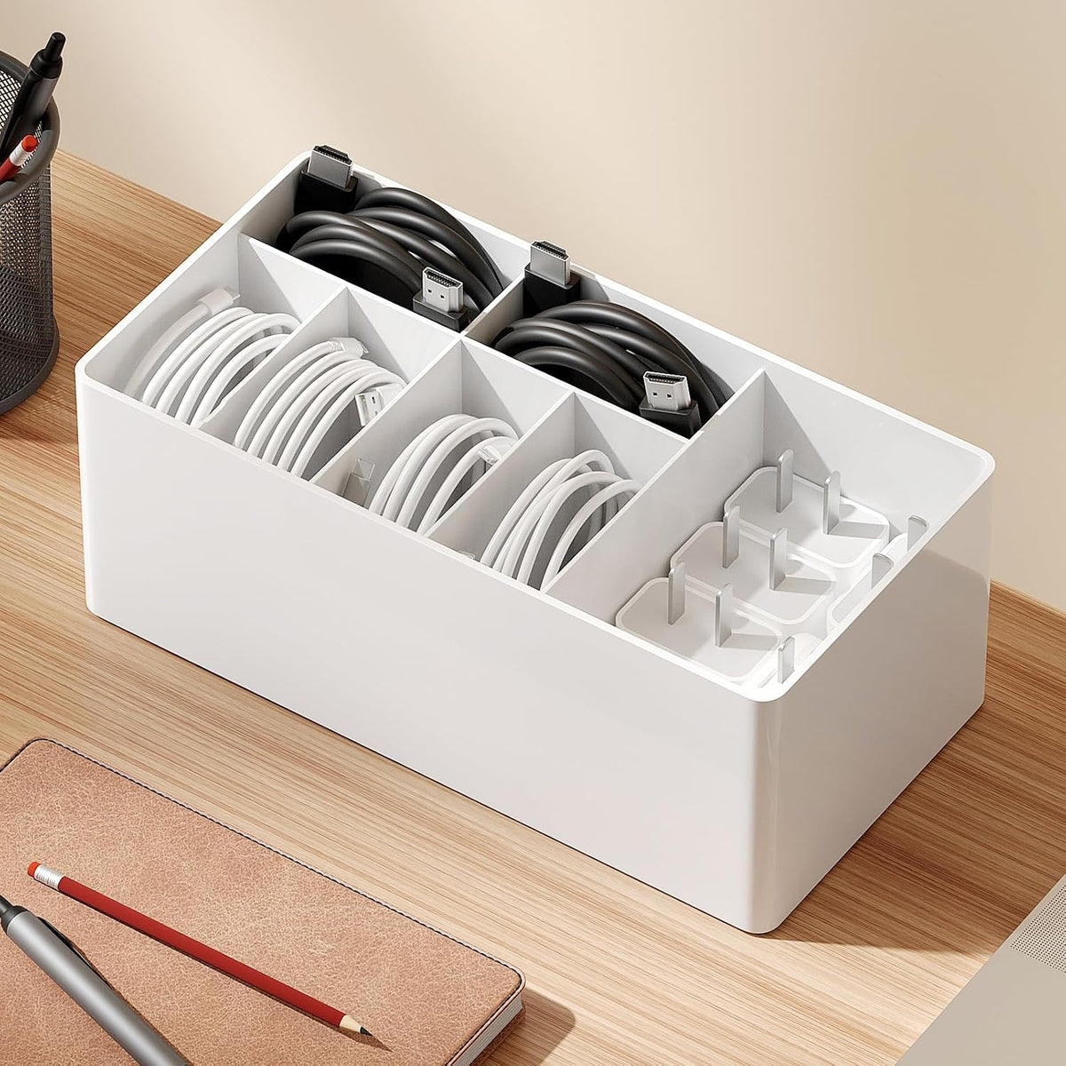 Charger Cable Cord Storage Organizer Easy Storage without Ties Charger Cable Organizer Cable Management Boxes - 1 Pack (White)
