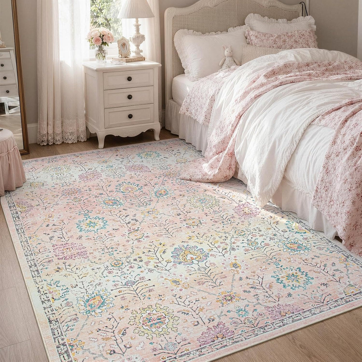 Lahome Pink Rug for Girls Bedroom 5X7, Soft Washable Floral Dorm Rug, Boho Non Slip Pastel Classroom Carpet for Dorm Room, Kids Room, Nursery and Playroom