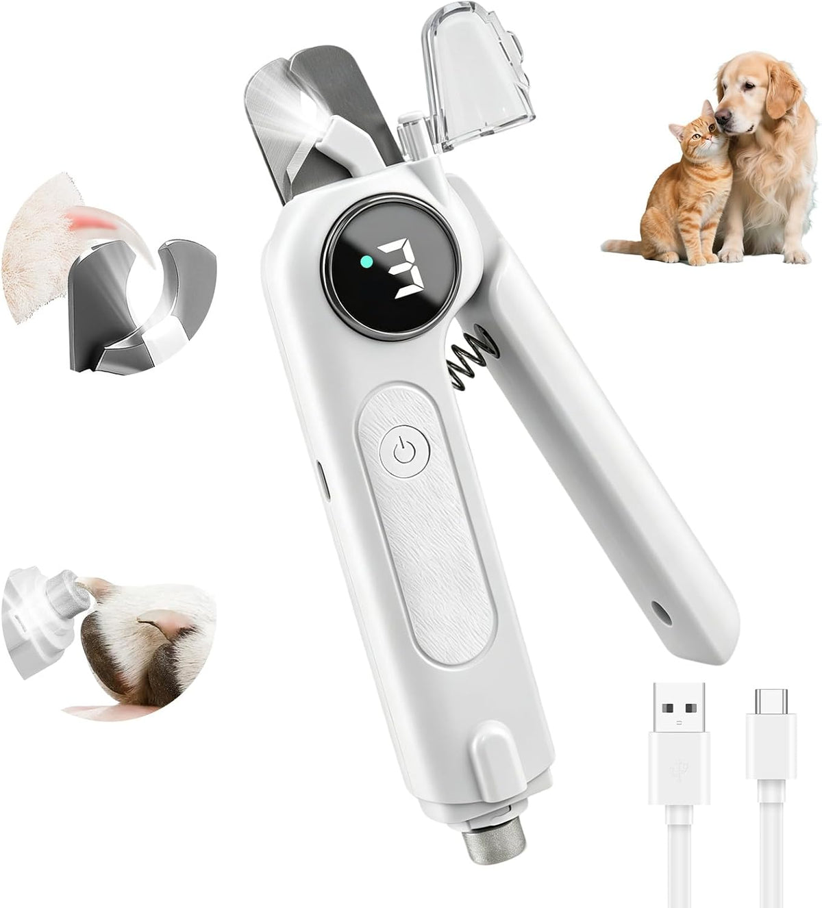 2-In-1 Dog Nail Clippers & Grinder with LED Light, Quiet Electric Pet Nail Trimmer for Small Medium Large Dogs & Cats, 3 Speeds, USB Rechargeable, Quick Sensor, Safety Lock & Splash Guard (White)
