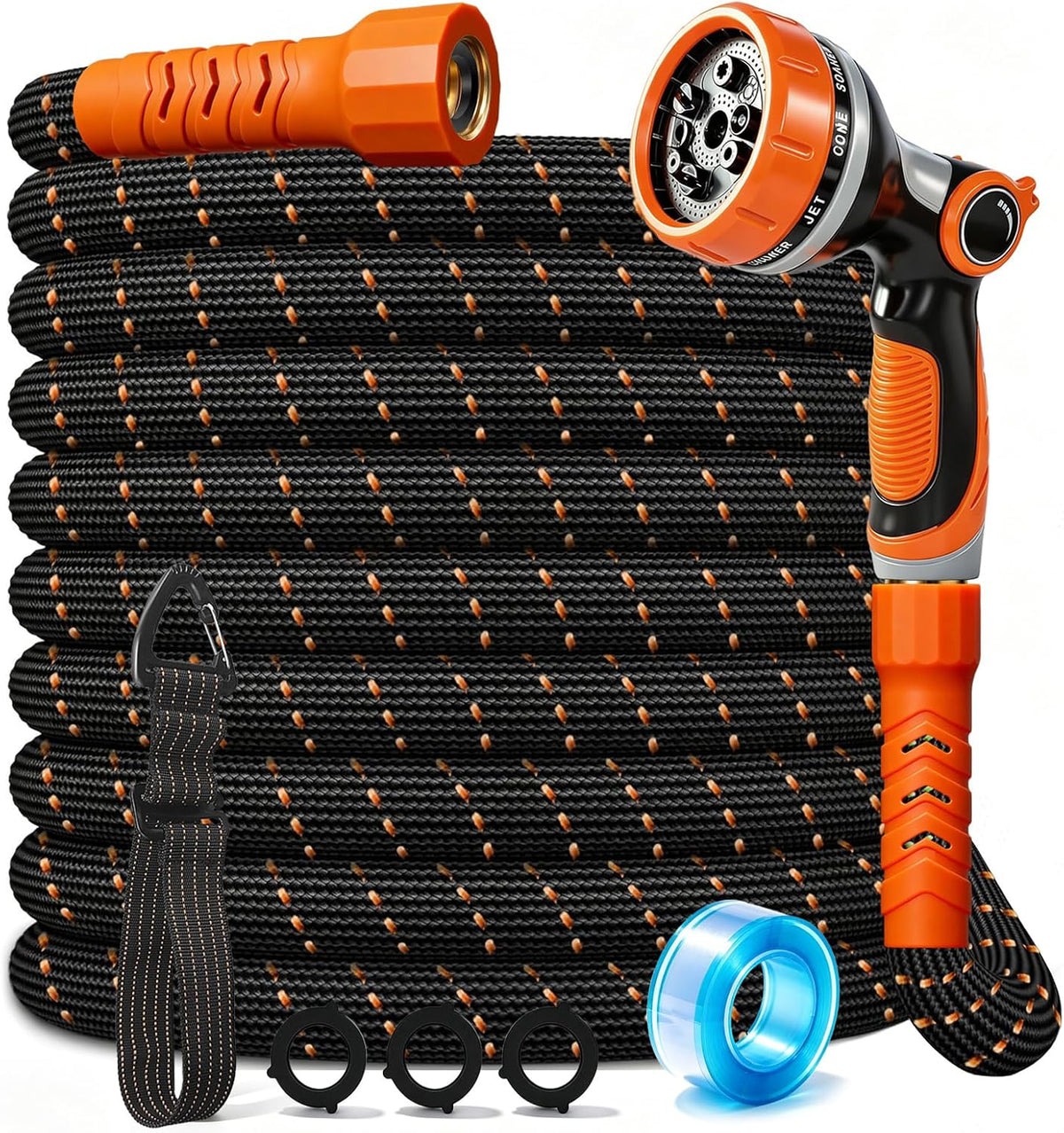 100FT Flexible Garden Hose & 10Modes Nozzle,Lightweight Water Hose,Kink-Free,All-Weather 3/4 In. Hose for Rv,Boat,Car Wash,Garden,Yard,Camper,Outdoor Noneexpand (100Ft,Orange-Black)
