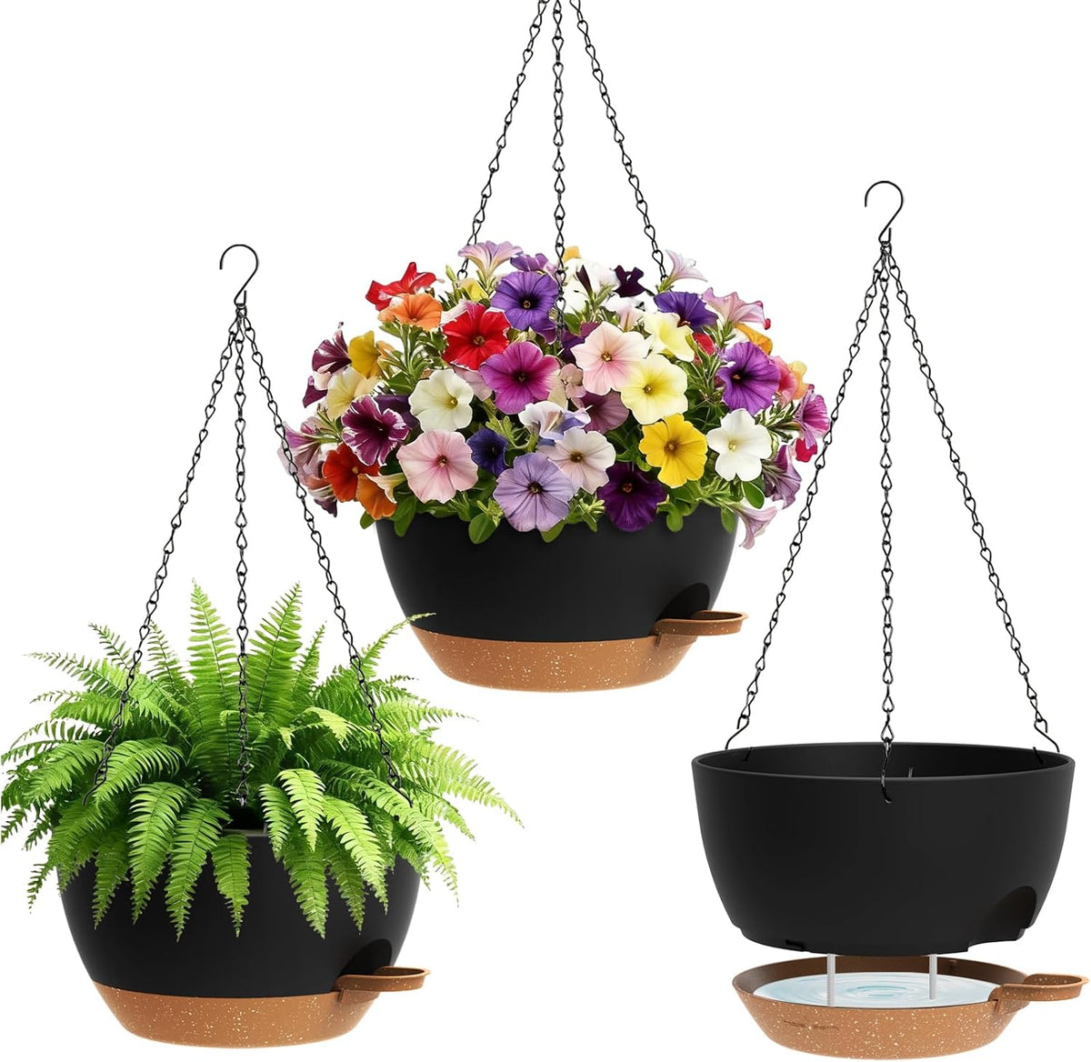 UOUZ Set of 3-10 Inch Self Watering Hanging Planters for Indoor Outdoor,Hanging Plant Pots with Drainage & Removable Tray, Hanging Pots Holder for Ivy, Pothos, Ferns, Balcony & Patio, Black with Brown
