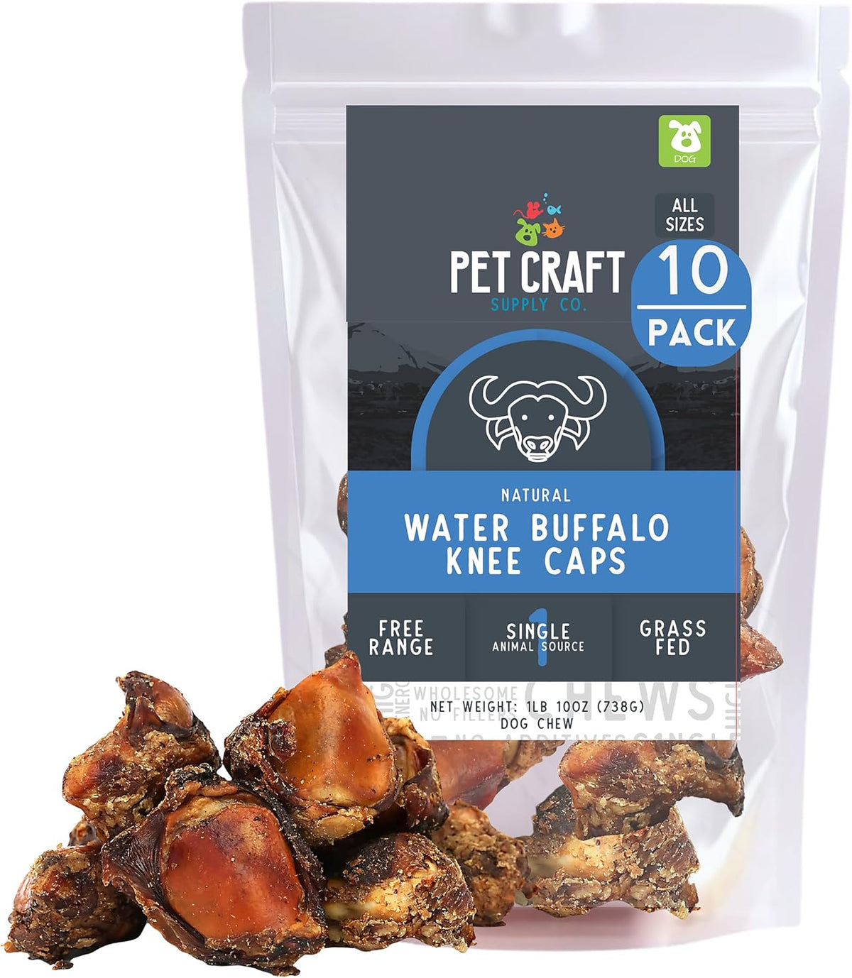 Pet Craft Supply Meaty Buffalo Knee Caps Bones, 10 Pack, Slow Roasted