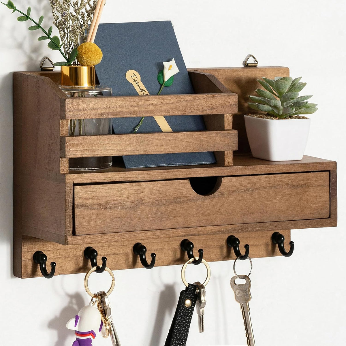 Key Holder Wall Mount, Mail Organizer with 6 Hooks and Storage Drawer