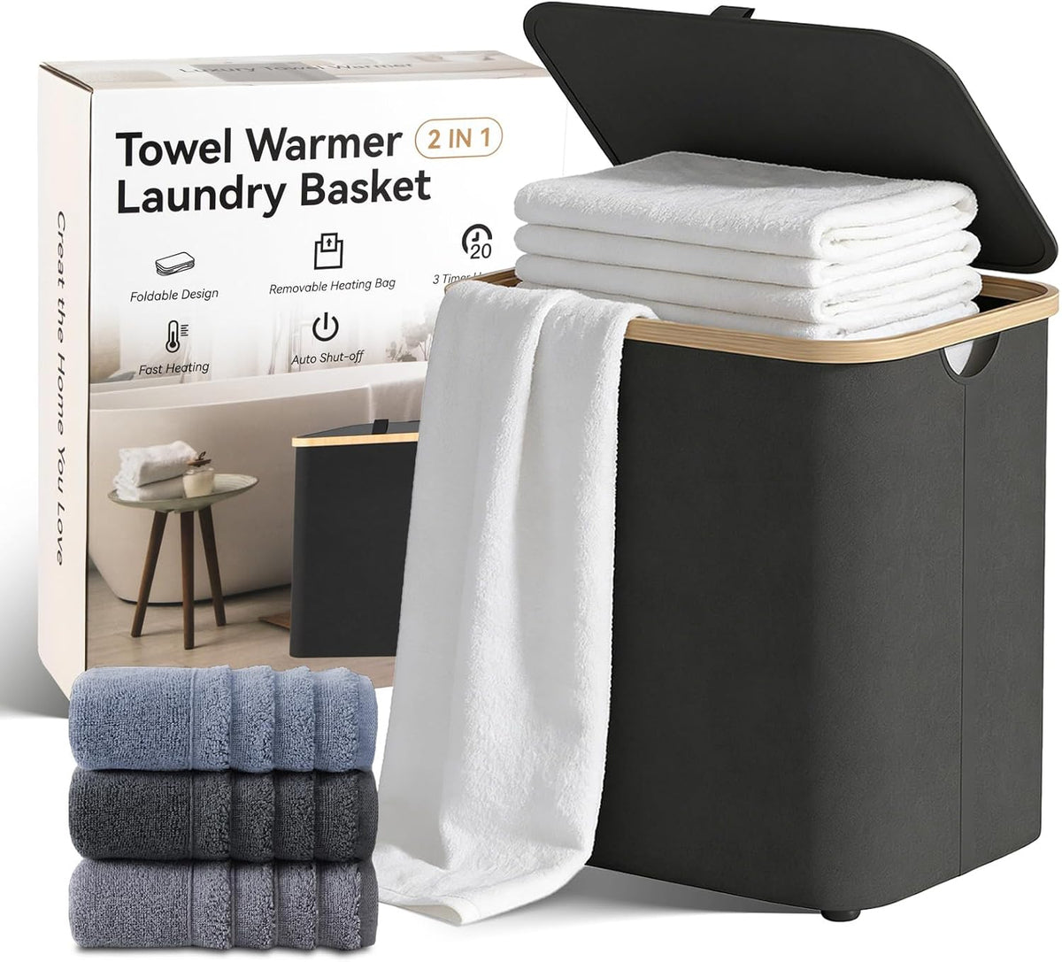 Towel Warmer & Laundry Hamper 2-In-1, Black Foldable Towel Warmer for Bathroom with Removable Heating Bag, 20/40/60Mins Timer, Auto Shut-Off, 38L Fits 2 to 3 Large Towels Pjs Blankets